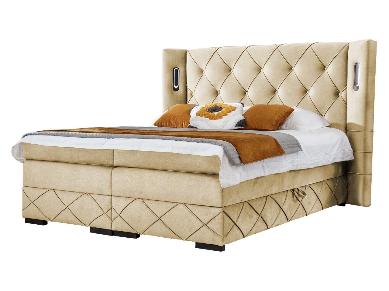 MIRJAN24 Boxspringbett Focus Lux (mit zwei Bettkästen), LED-Beleuchtung, Holzfüße in der Farbe Schwarz, Pocket-Taschenfedern