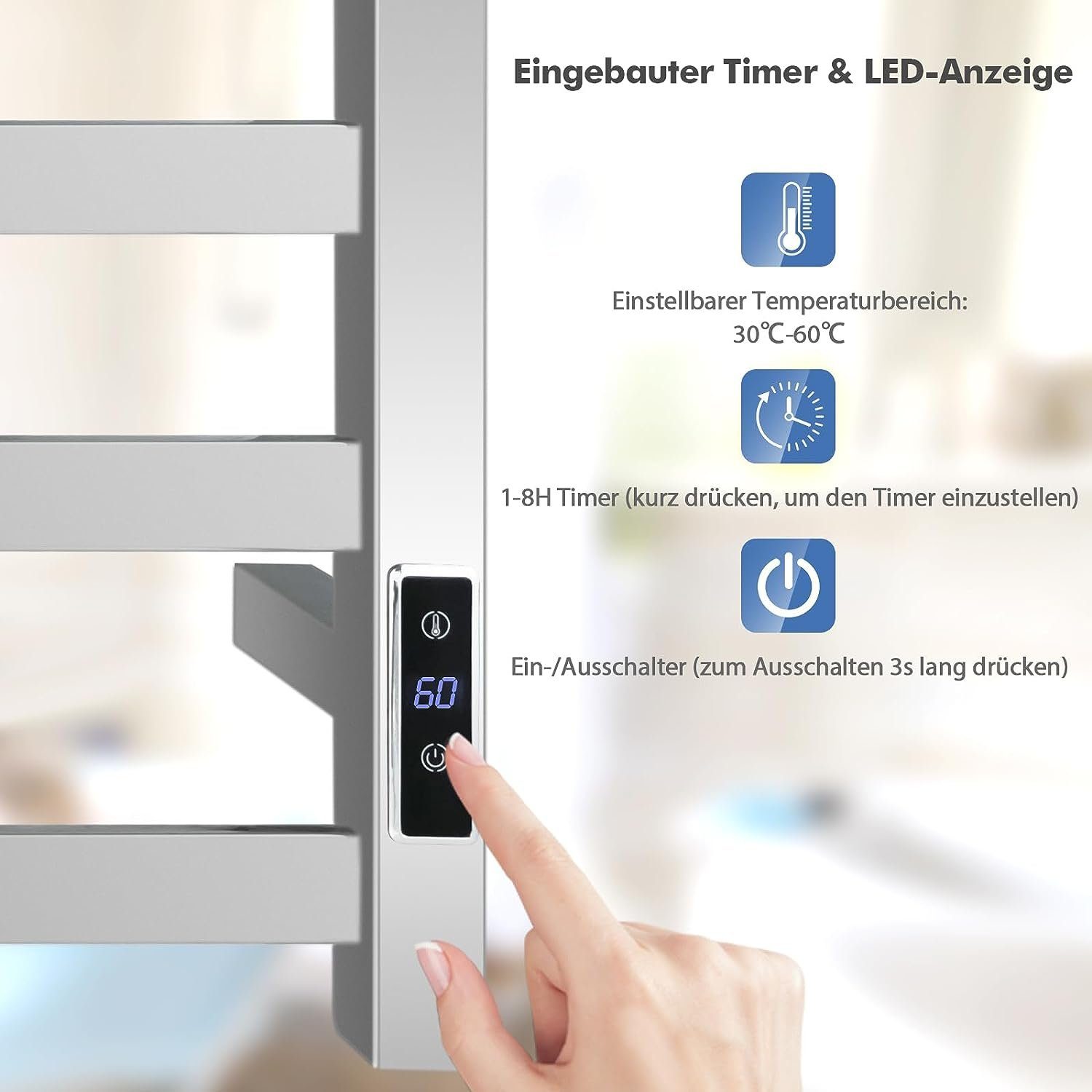 Überhitzungsschutz Timer Badheizkörper, & Elektrischer mit KOMFOTTEU & Thermostat, LED-Touchscreen