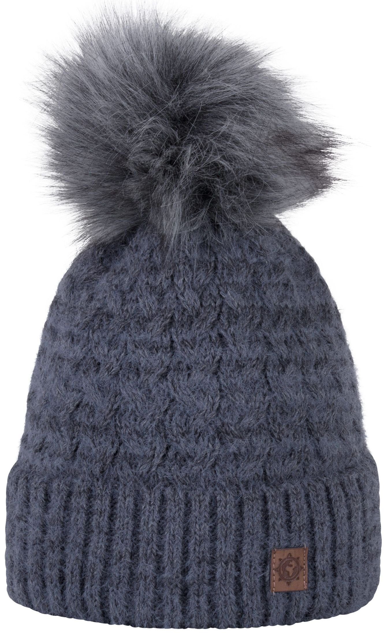 compagno Damen (1-St) Mütze Fleecefutter Bommelmütze Strickmütze grau Strick Wintermütze Winter Beanie