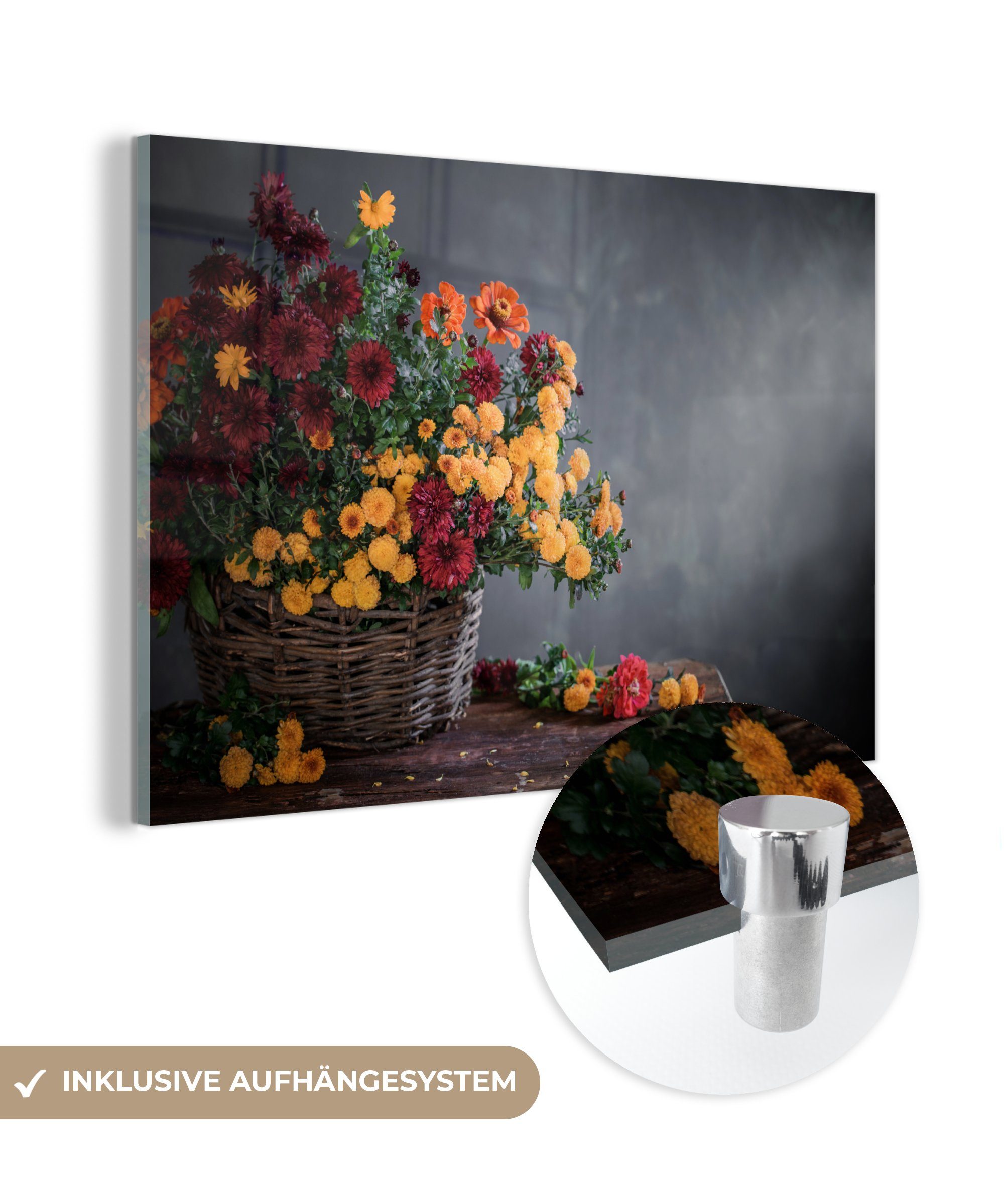 MuchoWow Acrylglasbild Stilleben - Korb - Chrysantheme, (1 St), Glasbilder - Bilder auf Glas Wandbild - Foto auf Glas - Wanddekoration