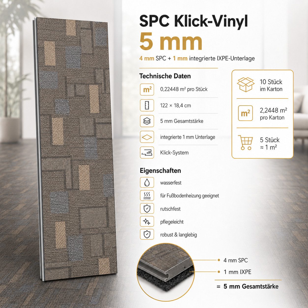 NoblesBox Designboden SPC Klick-Vinylboden 5 mm mit IXPE-Unterlage in Teppichoptik, kleberfrei, mit Trittschalldämmung, wasserfest, pflegeleicht – Bild 3 von 5