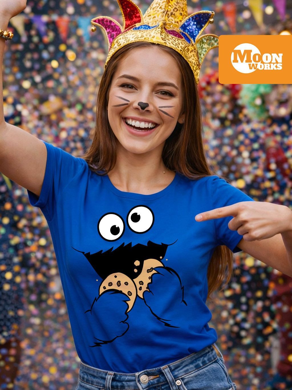MoonWorks Print-Shirt Damen T-Shirt Krümelmonster Cookie Monster Fasching Karneval Kostüm mit Print
