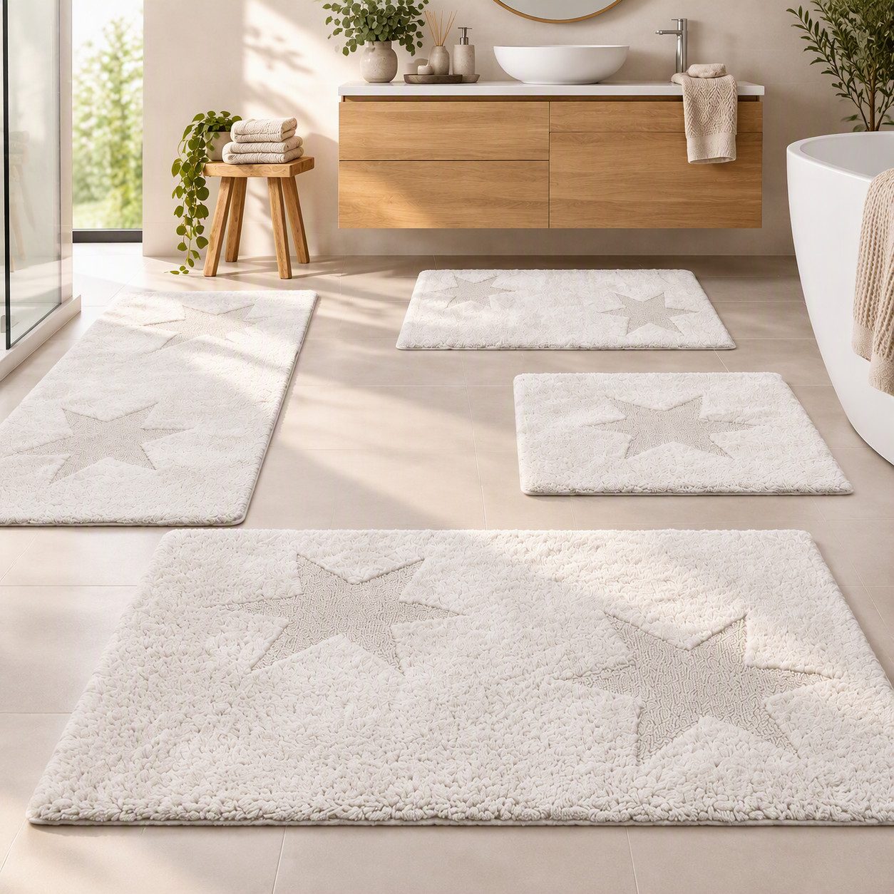 OTTO home Badematte Marie, Badvorleger, Badezimmer Teppich, Höhe 13 mm, rutschhemmend beschichtet, strapazierfähig, fußbodenheizungsgeeignet, Baumwolle, rechteckig, Badteppich, Stern Motiv, Hoch-Tief-Struktur, auch als Set