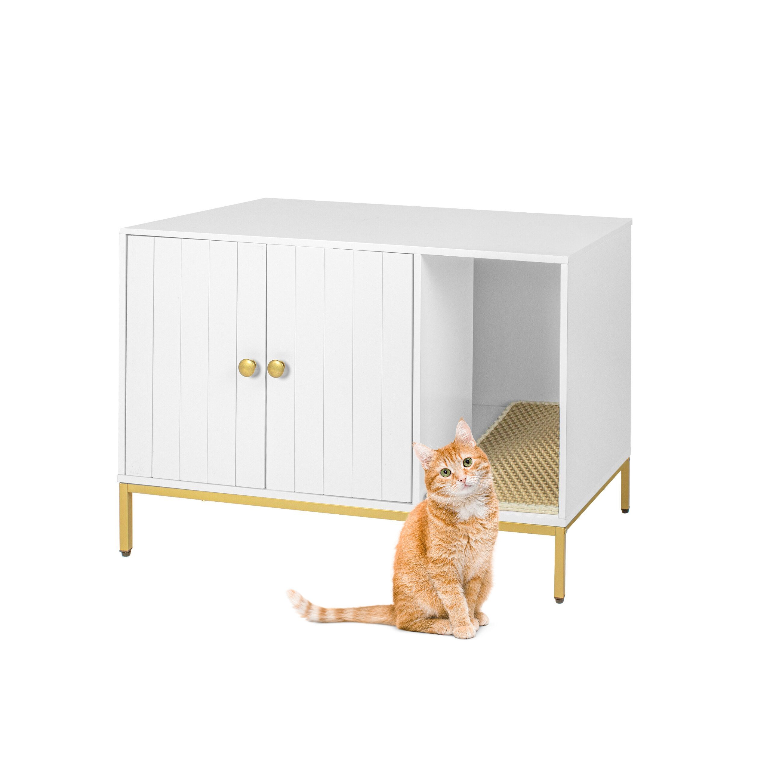 relaxdays Katzenhaus Katzenschrank für Katzenklo, Weiß/Gold