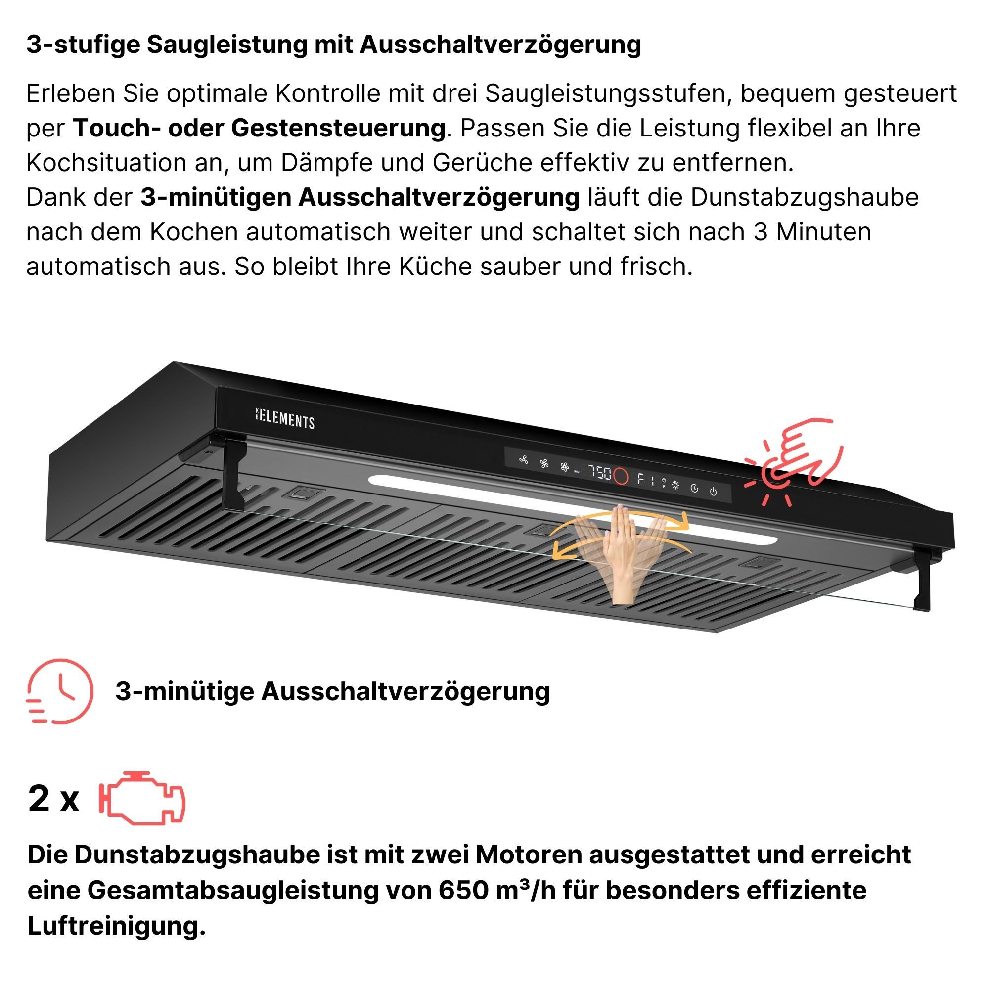 KB Elements Unterbauhaube Doppelter motor 2 x 80 Watt, 650 m³/h Absaugleistung Doppelter motor 2 x 80 Watt, 650 m³/h Absaugleistung, Doppelter motor, Touch / Gestensteuerung