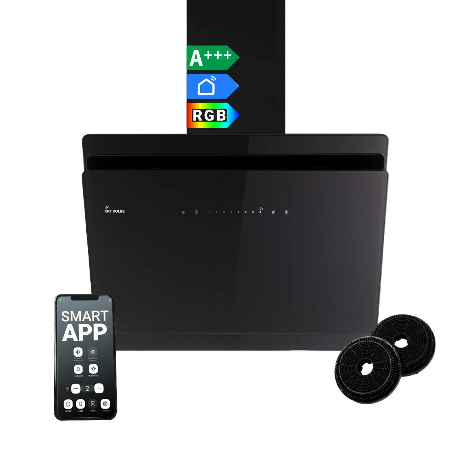 KKT KOLBE Wandhaube Dunstabzugshaube 60cm SOLO6005SM RGBW Ambientebeleuchtung Dunstabzugshaube 60cm SOLO6005SM RGBW Ambientebeleuchtung, Kopffrei / 60cm / Smarte WiFi-App / Schwarz / Glas / Schräghaube
