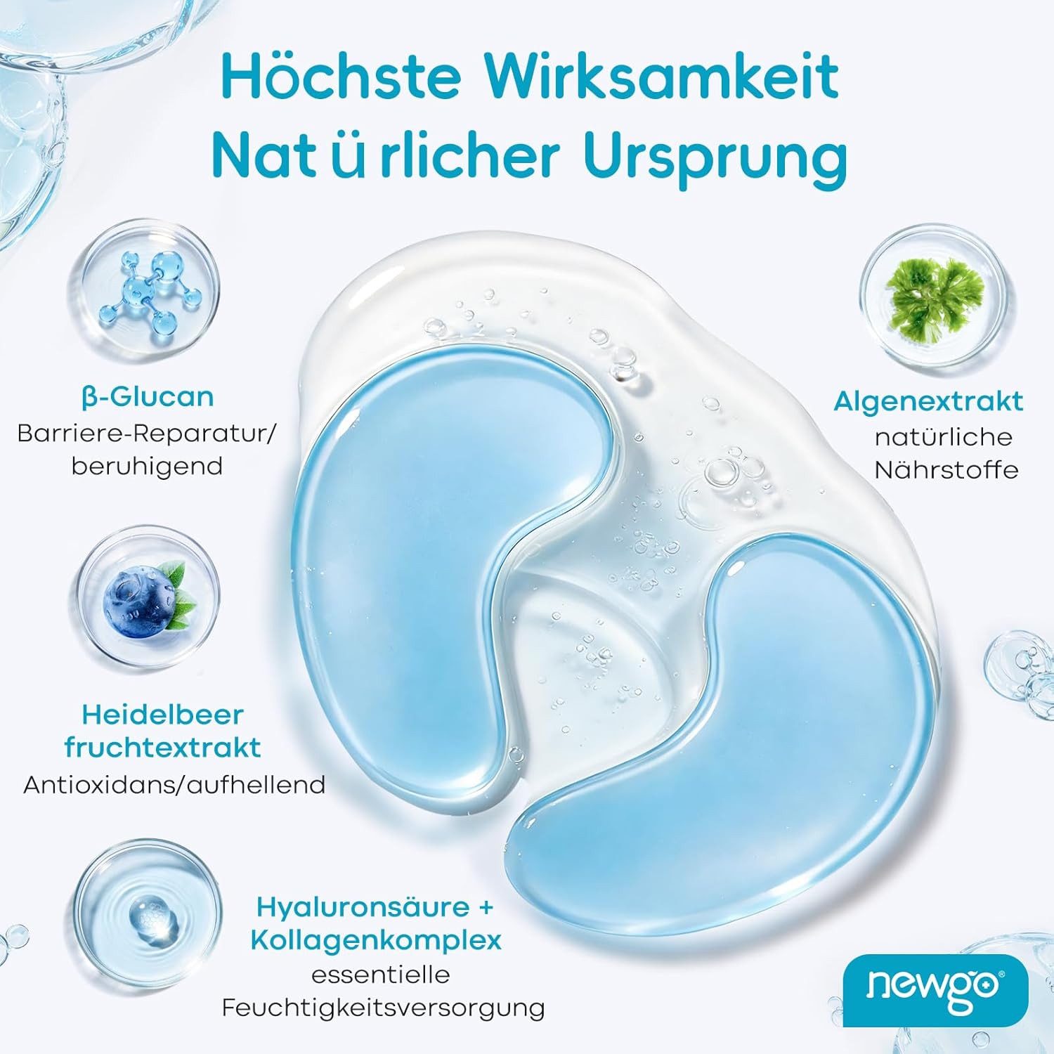 NEWGO Augenpads Hyaluron-Kollagen mit Vitamin E (20 Paar), 20-tlg., Gegen Augenringe Tränensäcke Falten Dunkle Kreise & Puffiness