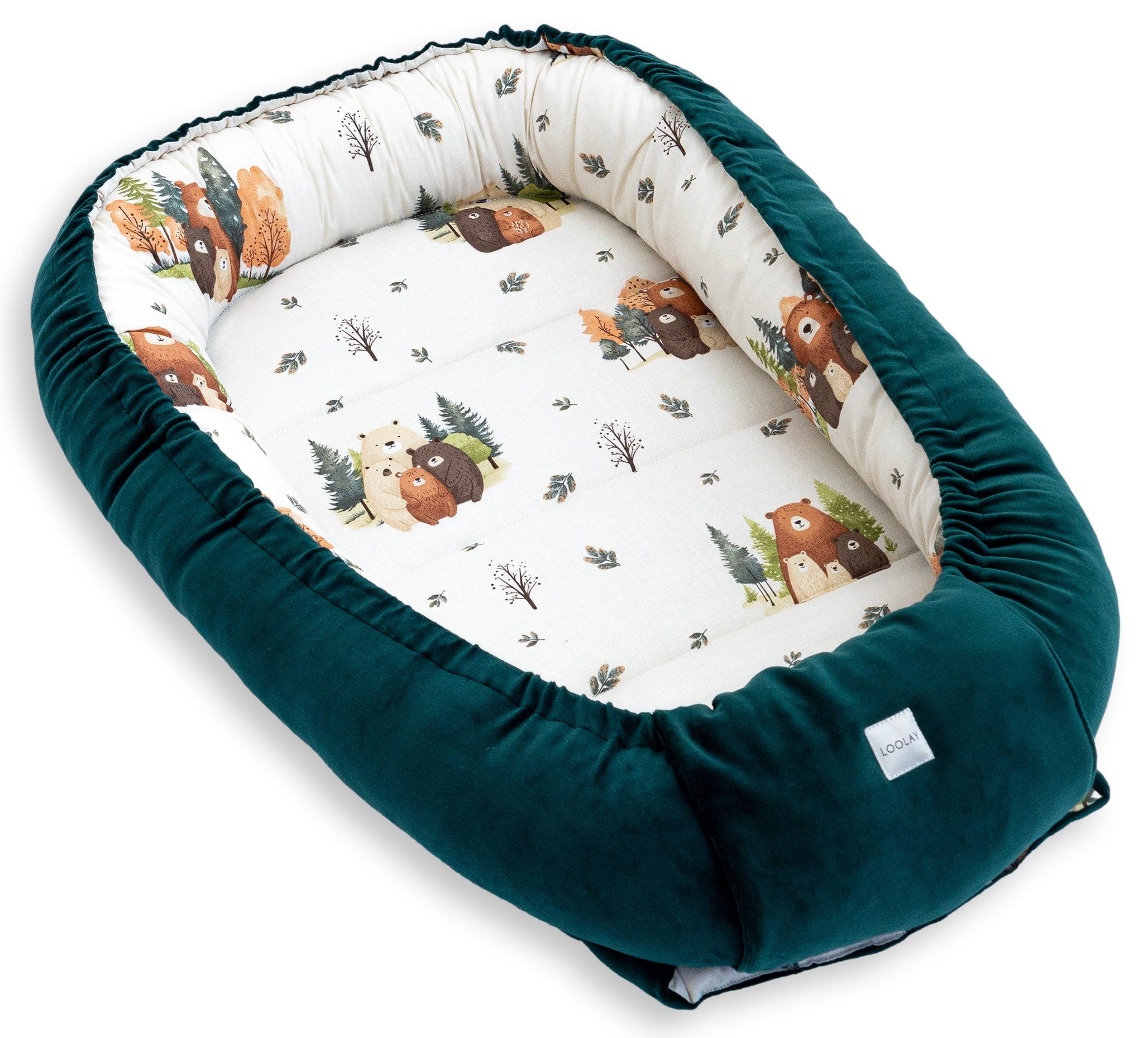 Loolay Kuschelnest BABYNEST SOLO Premium Babyausstattung - Baumwolle & Samt Velours, (MUSTER: GRÜN Samt Velour/ Beige Bärchen Familie, 1-tlg., Liebevoll handgefertigt Nestchen! Geborgenheit Komfort für Neugeborene), Premium Ausstattung - 100% Europäische Stoffe und Kleinserien-Nähen!