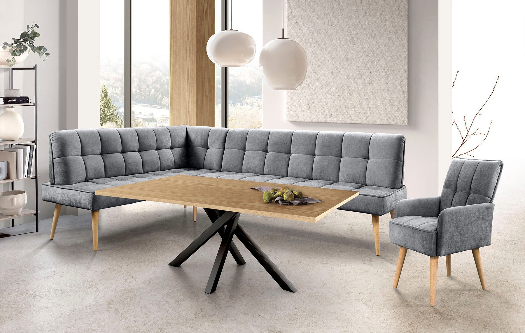exxpo - sofa fashion Eckbank Latte, moderne Sitz- und Rückensteppung, bequem und elegant, hoher Holzfuß