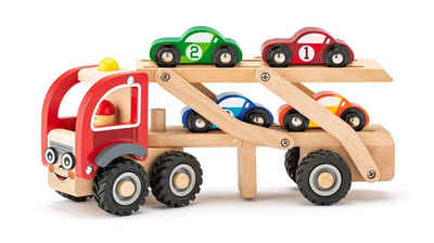 Woodyland Spielzeug-Auto 90790 Holz-Truck und 2 stöckiger Anhänger mit 4 farbigen Fahrzeugen, Holz Transporter mit Anhänger und 4 Fahrzeugen