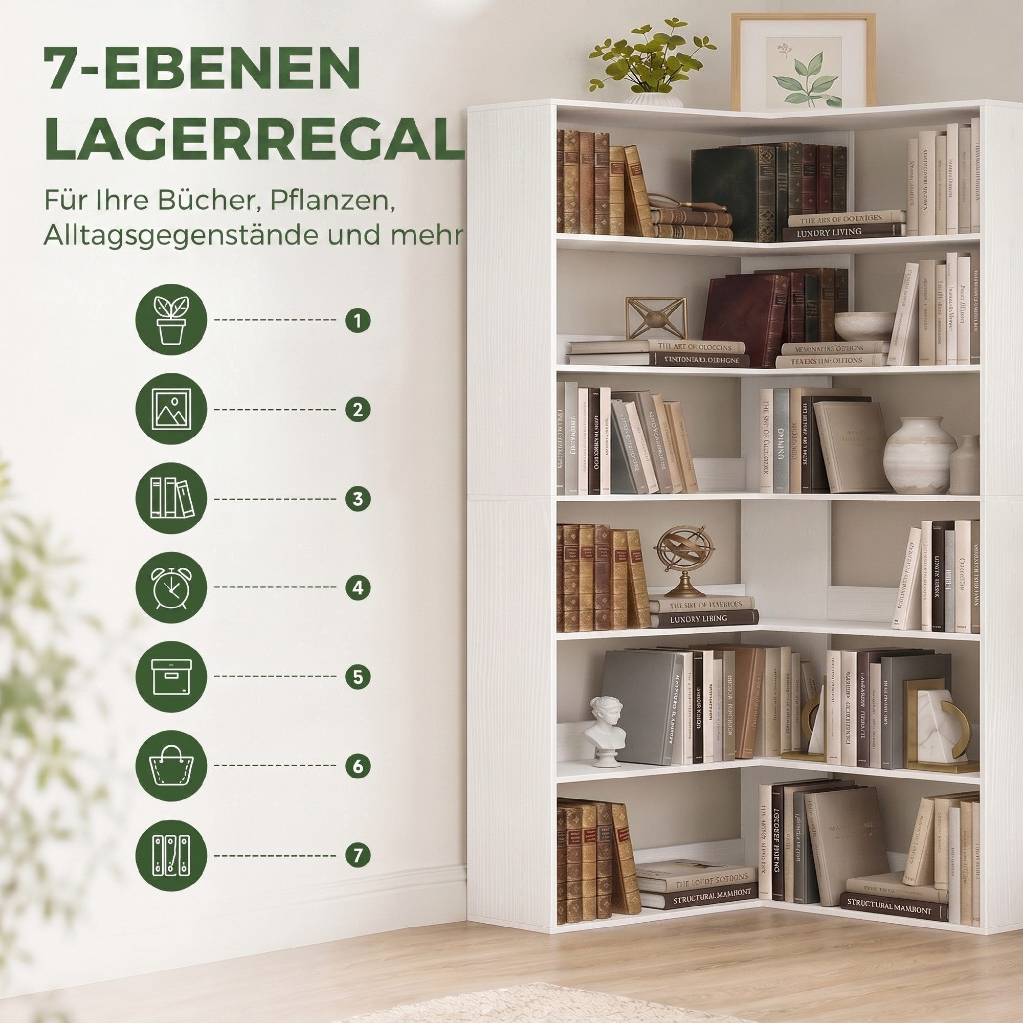 HOMCOM Bücherregal Eckregal L-förmiges Regal mit Holzoptik und Rückenschutz, Standregal 1-tlg., L-förmiges Eckregal mit 7 Ebenen, 7 cm hohe Rückwand, Kippschutz – Bild 5 von 5