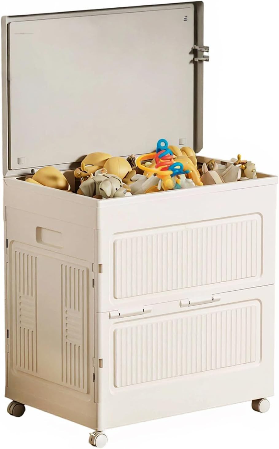 ibettertec Aufbewahrungsbox mit Deckel und Rädern Spielzeugkiste Werkzeugkasten 85L (Faltbare Kunststoff Kisten Aufbewahrung, Stapelbare Klappbox Ordnungsbox als Organizer für Kleidung, Spielzeug, Badezimmer, Küche, Büro oder Wohnzimmer, Faltbar Kunststoffschrank für Spielzeug, Bürobedarf)