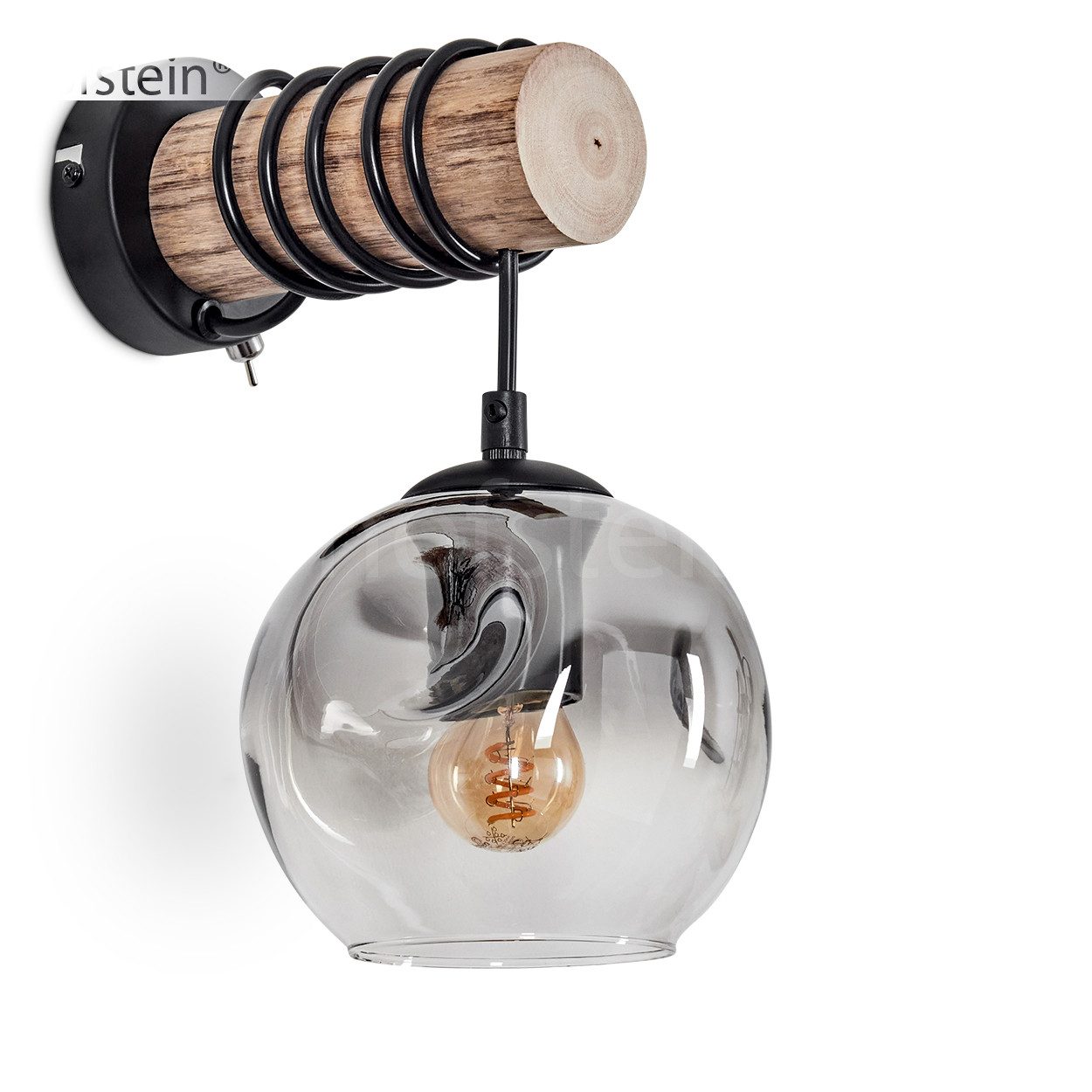 Wandleuchte Wandlampe aus Holz/Metall/Glas in Natur/Schwarz/Rauch/Klar