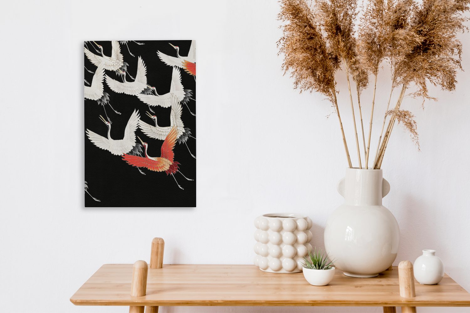 (1 St), inkl. Gemälde, Leinwandbild Japan cm - Skandinavisch Weiß, - 20x30 Leinwandbild Zackenaufhänger, OneMillionCanvasses® bespannt Kranich Rot fertig - -