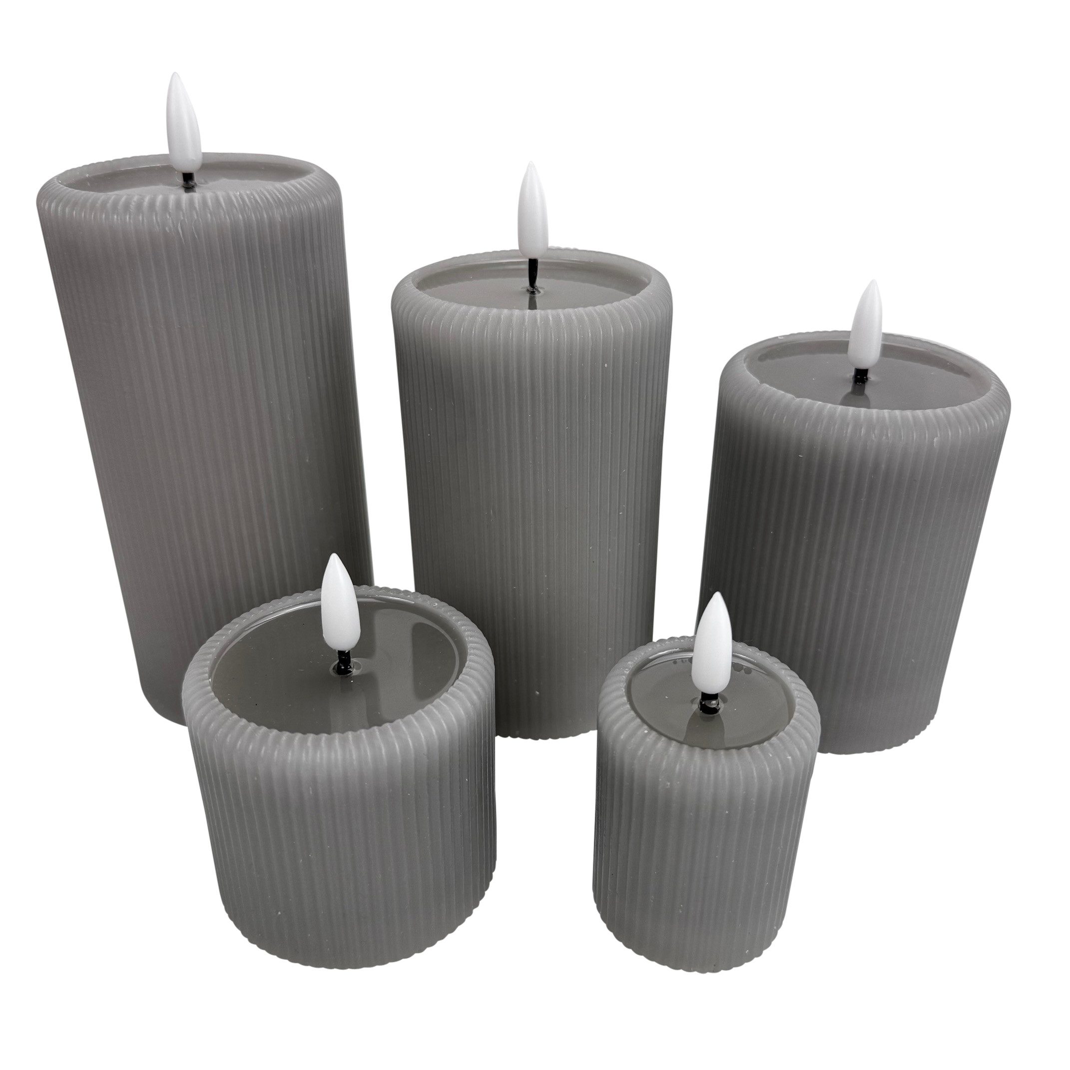 Online-Fuchs LED-Kerze 5er Set moderne LED-Kerzen in Rillenoptik mit 6-Stunden Timer (Touch-Funktion, Blau, Creme oder Grau), realistische Kerzenflamme mit Spiegeloptik im Wachs