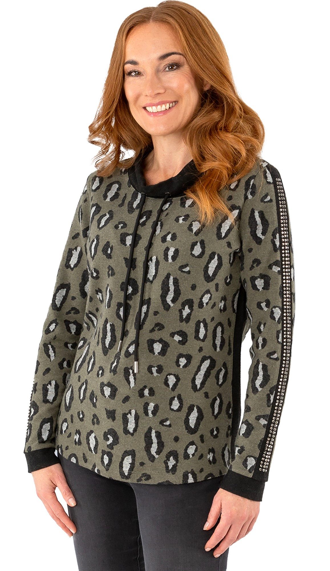 Estefania for woman Stehkragenpullover 196-7600, im Animal Look und Nieten abgerundeter Saum