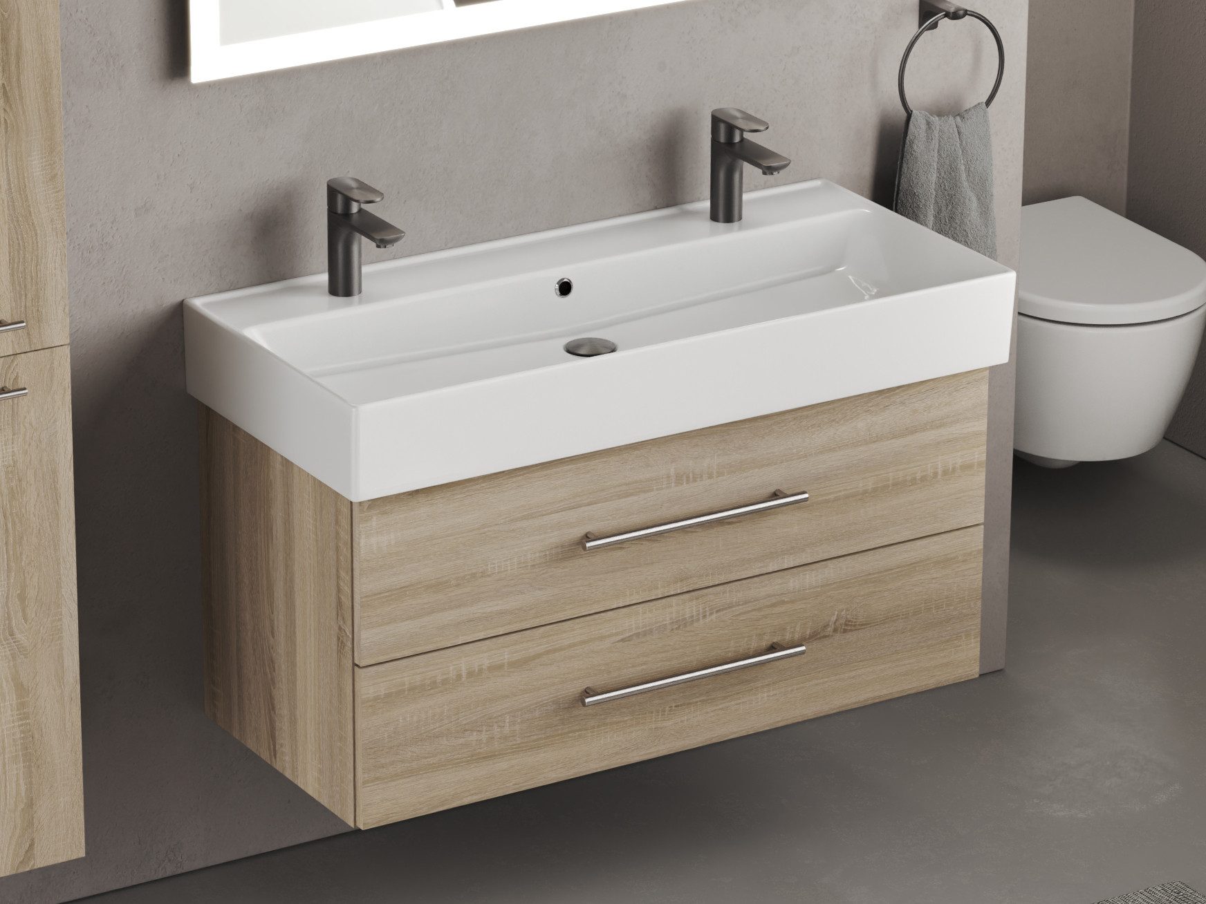 Aqua Bagno Badmöbel-Set Aqua Bagno Flex Badmöbel 101 cm Eiche Gold mit Keramikwaschbecken, (vormontiert, 2-St., Badmöbelschrank lackiert, Trägerplatte, Keramikwaschbecken), einfache Montage, Skandi