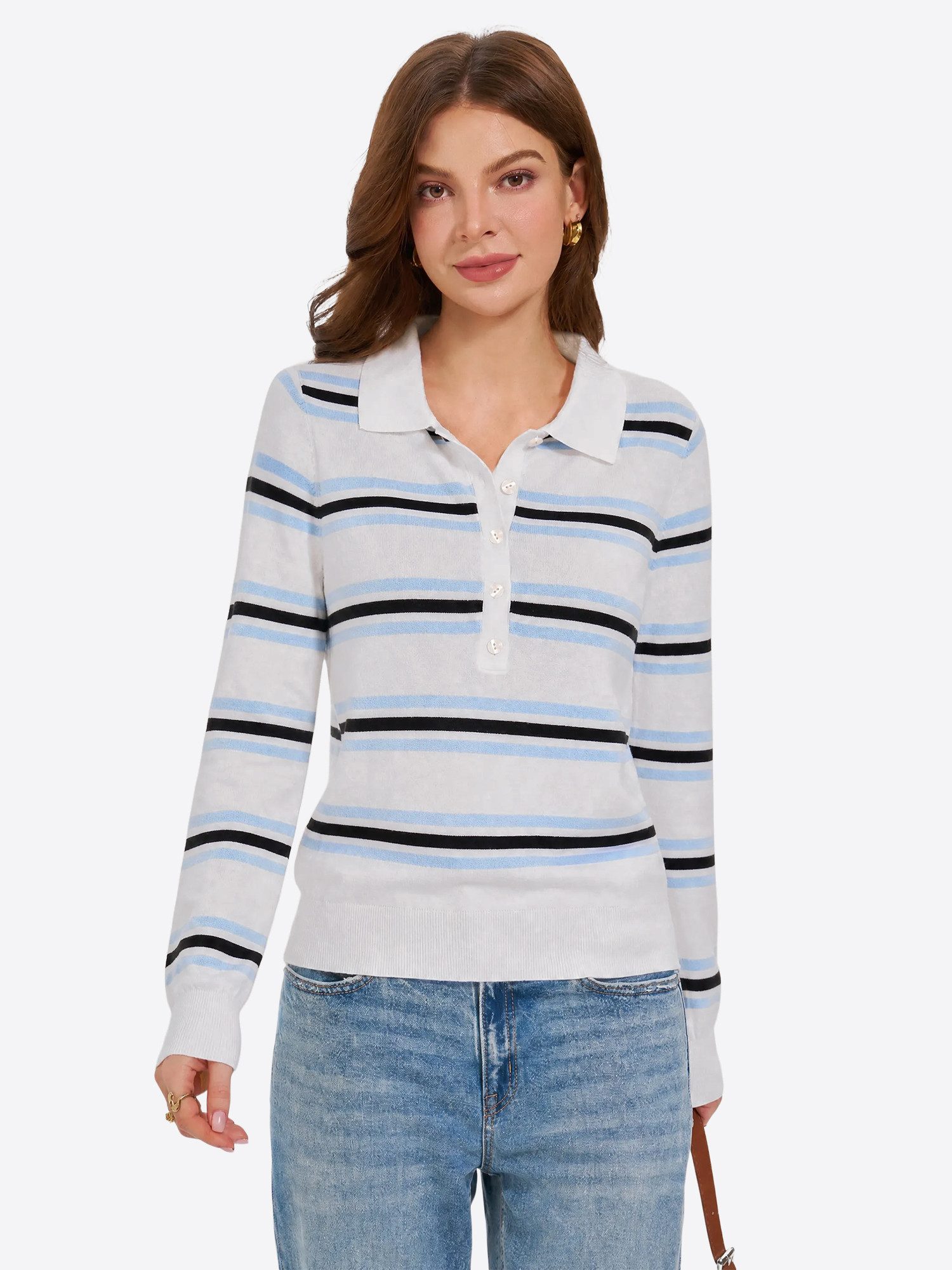 Imily Bela Strickpullover Damen Gestreifter-Pullover mit Knopf‑Halbausschnitt (Packung, 1-tlg., 1per-Pack) mit Polokragen