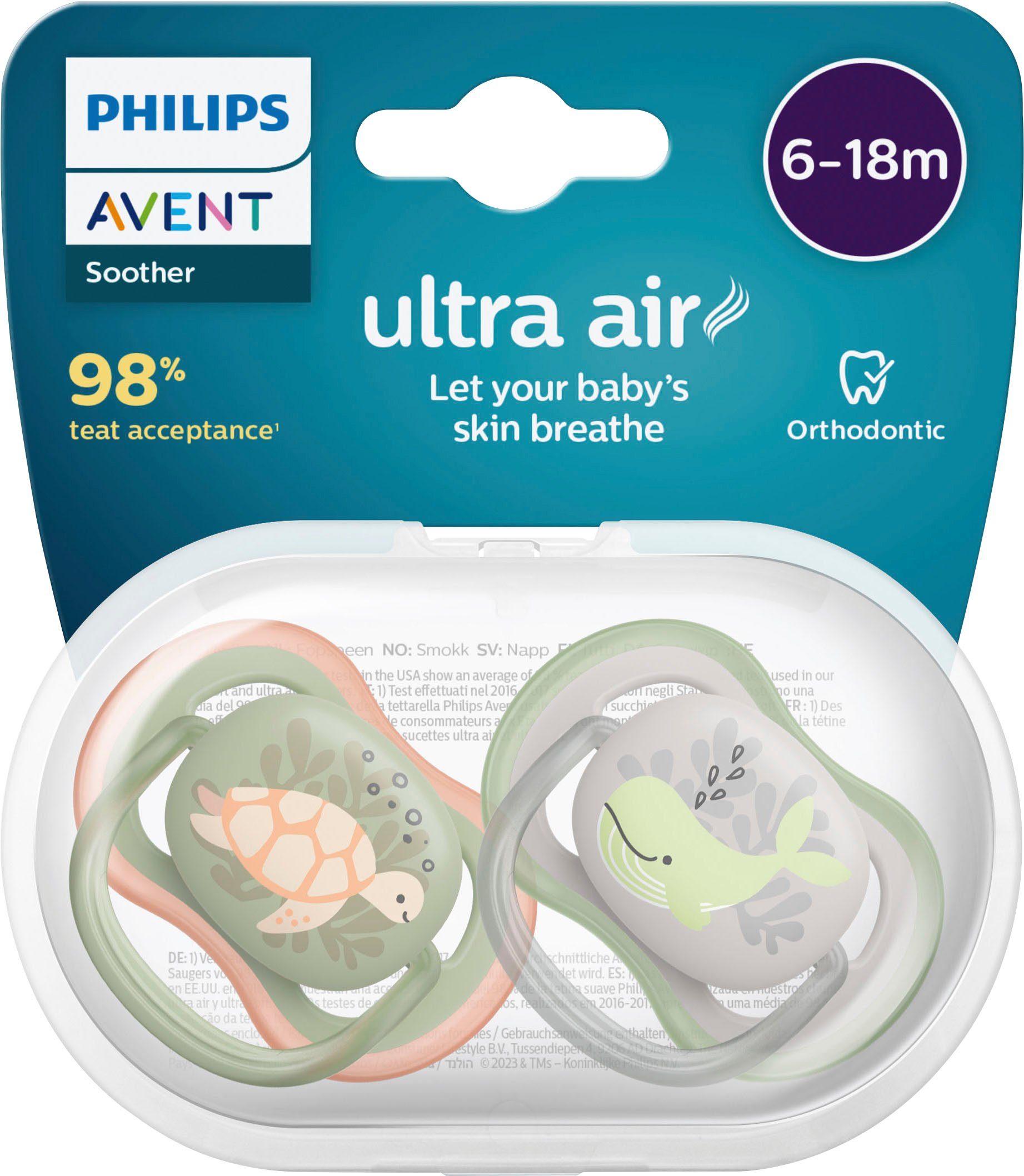 Philips AVENT Schnuller ultra air SCF085, Doppelpack, mit Transport- und Sterilisationsbox, 6 bis 18 Monate grün/grau