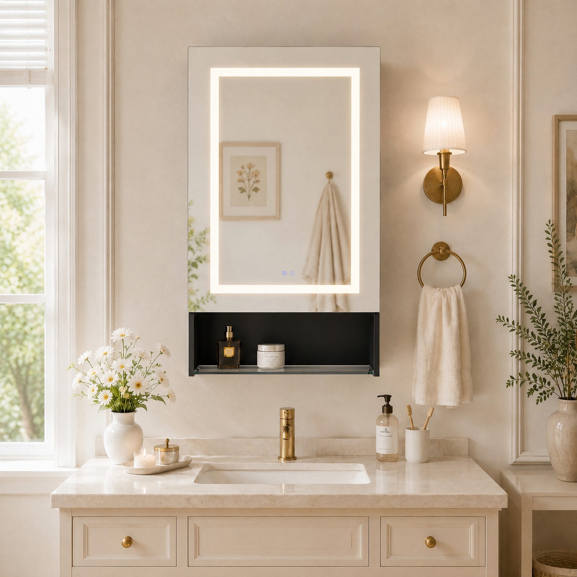 Simurq Spiegelschrank Bad mit Beleuchtung und offene Regal, Anti-Beschlag, 1 Türen (Badschrank mit Spiegel & verstellbare Ablagen) Badezimmerspiegelschrank Häng – Bild 4 von 5