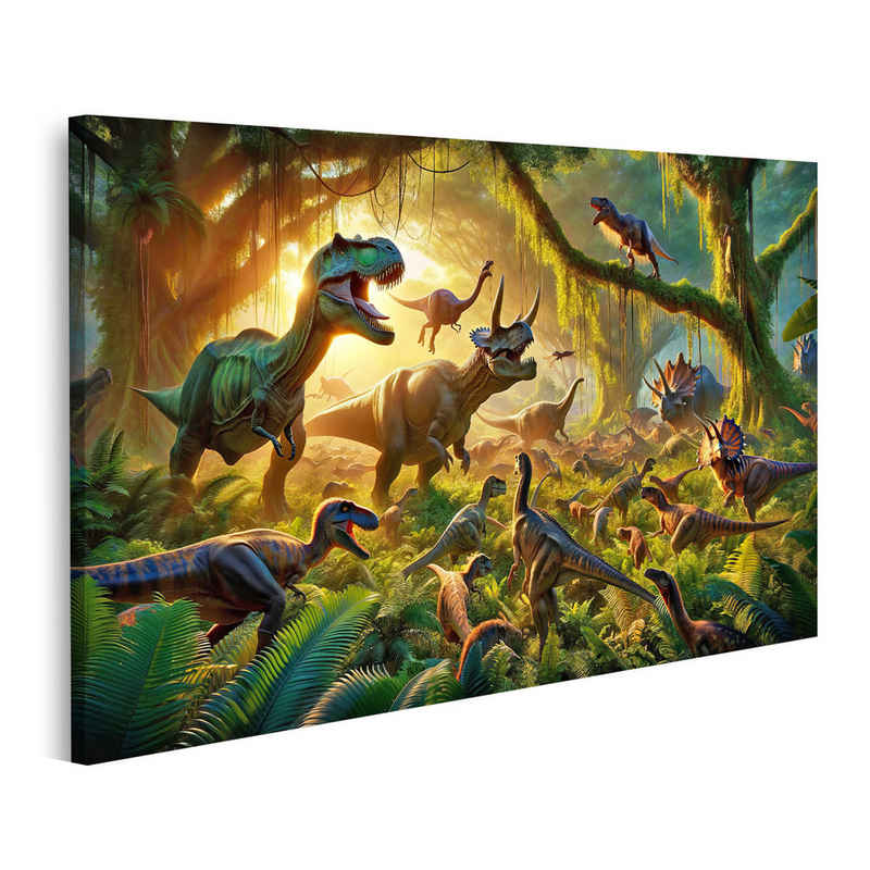 islandburner Leinwandbild Gruppe von Dinosauriern in einem prähistorischen Dschungel