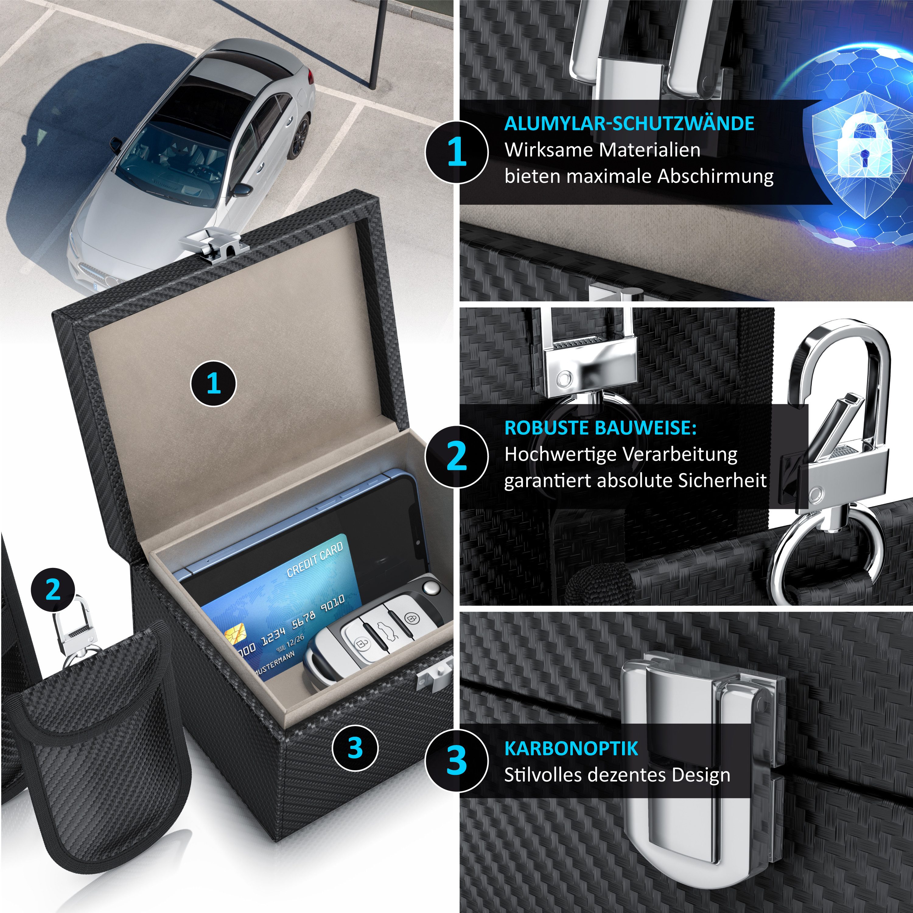 Aplic Schlüsseltasche NFC / RFID Schutzbox, Keyless Go Schutz Box, Autoschlüssel Abschirmung (3-tlg), inkl. 2 x Schlüsselstaschen, SafeBox, Kartentresor, Signal Blocking