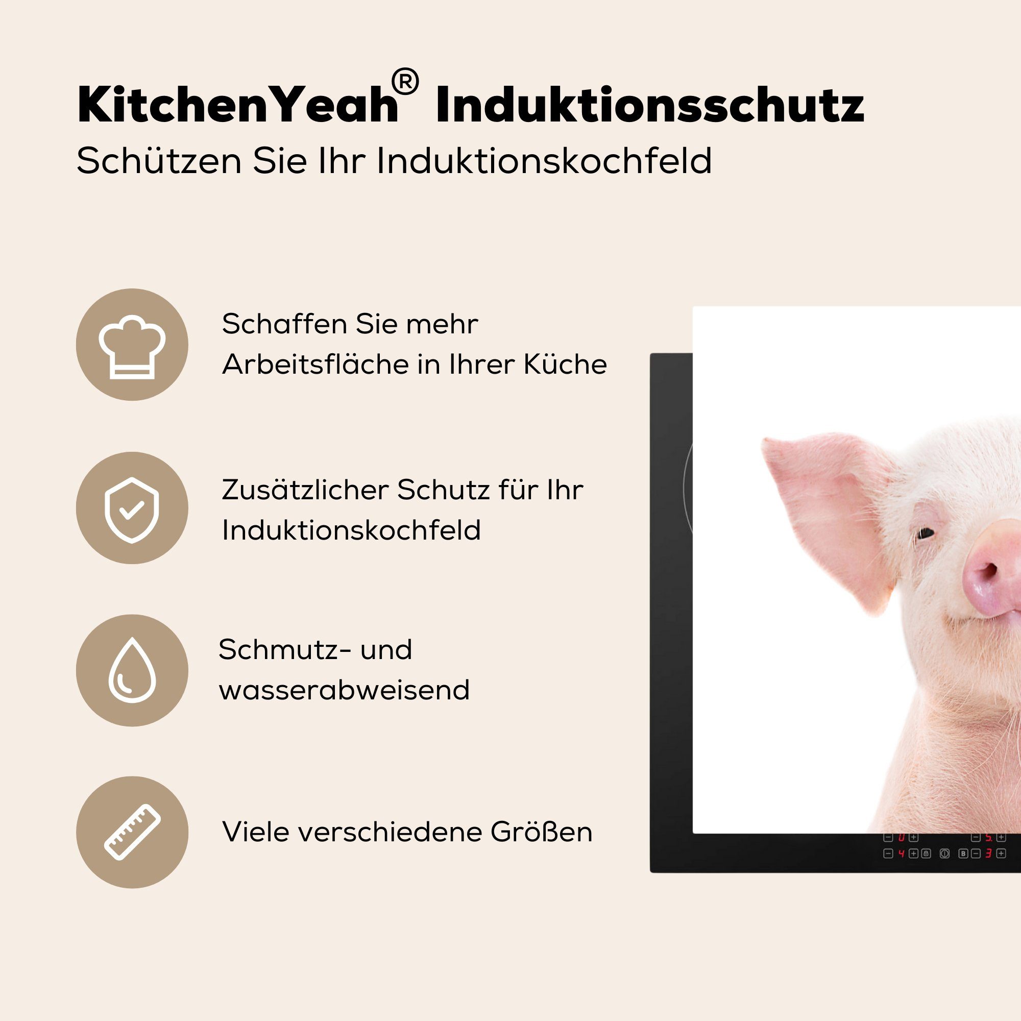 Schwein - Arbeitsfläche Ceranfeldabdeckung 60x52 Mobile - (1 Vinyl, - Natur, Herdblende-/Abdeckplatte Tiere nutzbar, cm, Rosa tlg), MuchoWow