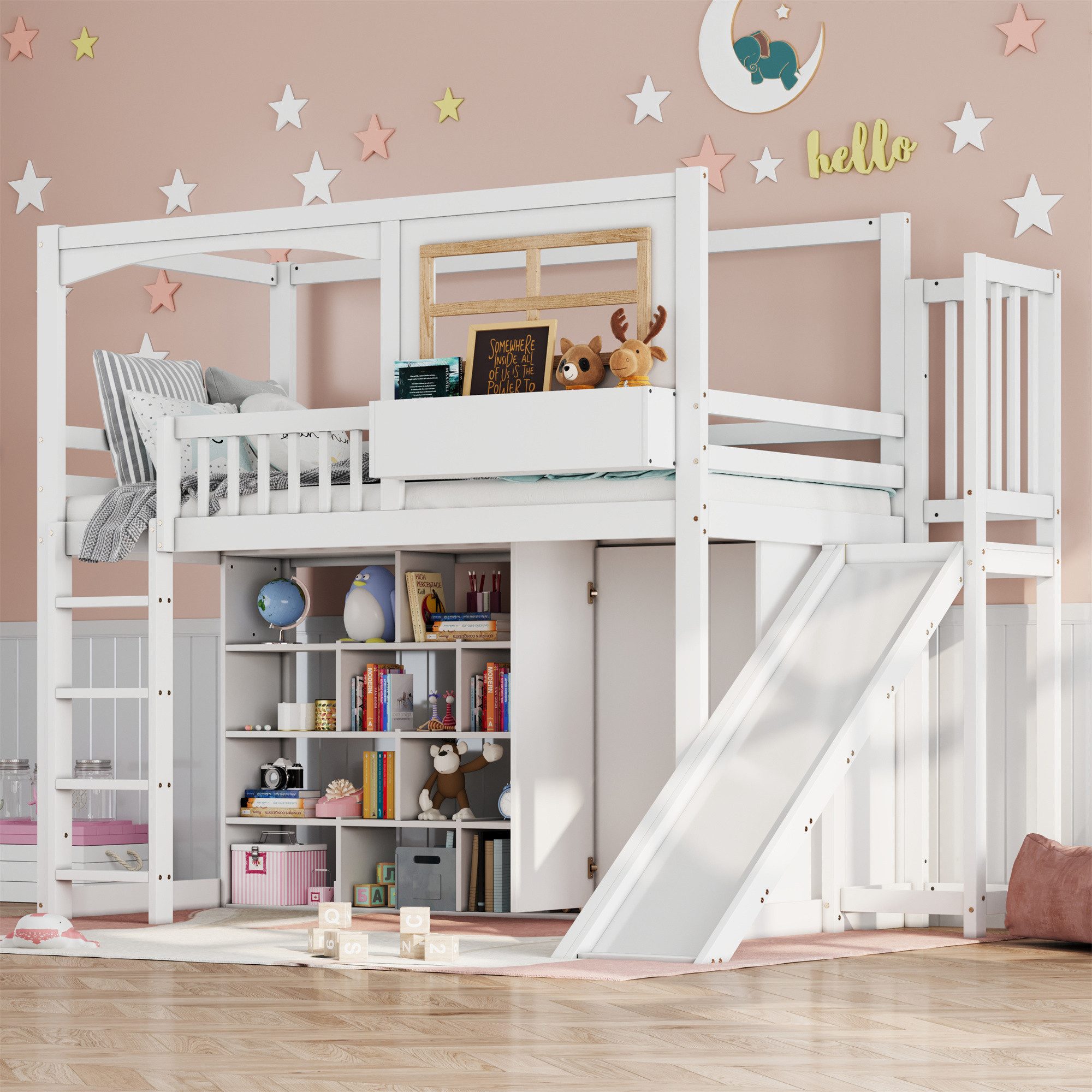 Merax Loft Bed (1 pc., Pine Children's Bed Playhouse with Safety Rail & Window) Bunk Bed 90x200cm with Wardrobe, Storage Compartments, Slide, Ladder