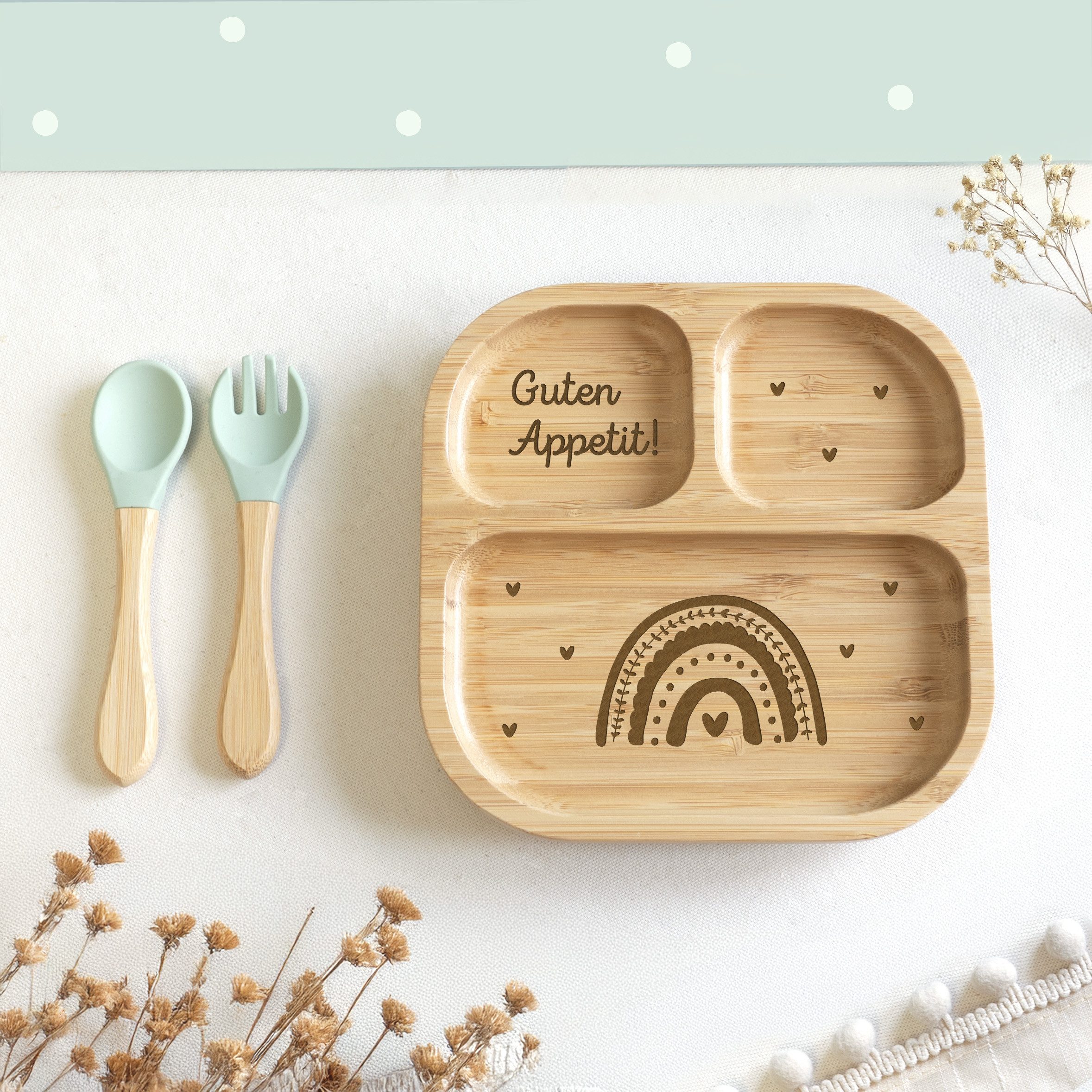 hellomini Kindergeschirr-Set Babyteller "Regenbogen" Bambus Nur Teller (1-tlg), 1 Personen, Bambus, Silikon, BPA-frei, mit Motiv, rutschfest,Saugnapf, Montessori-Fächer