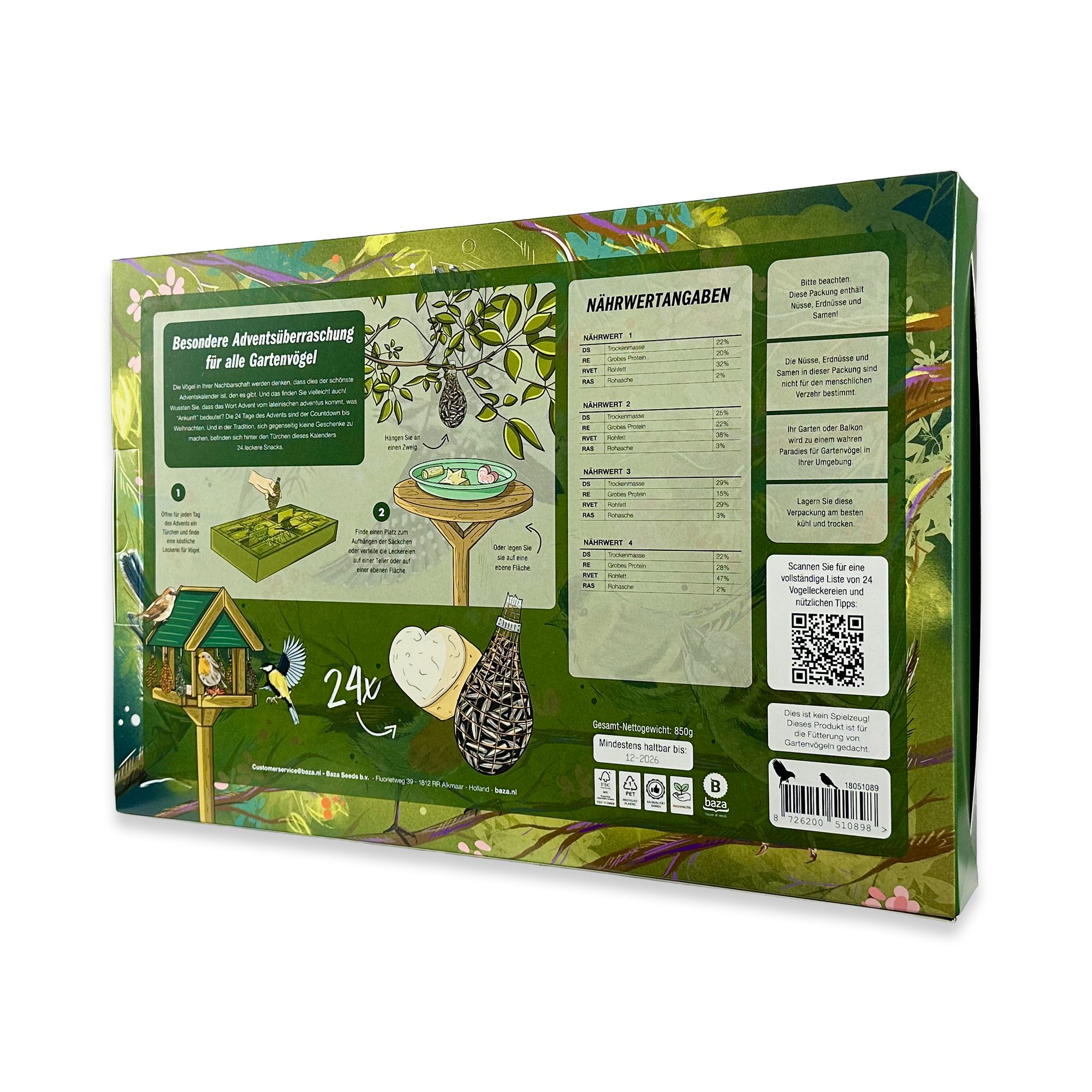 Baza House of Seeds Adventskalender Vogelfutter Adventskalender 2026 – 24 Leckereien für Vögel, Herzförmige Körnermischungen, geschälte Erdnüsse & Sonnenblumenk – Bild 3 von 3