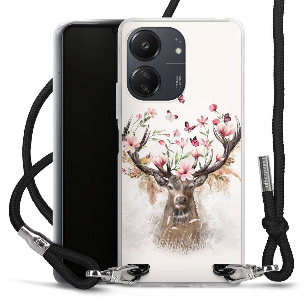 DeinDesign Handyhülle Hirsch Tiere Blumen Hirsch Blumen Geweih, Xiaomi Redmi 13C 4G Handykette Hülle mit Band Case zum Umhängen