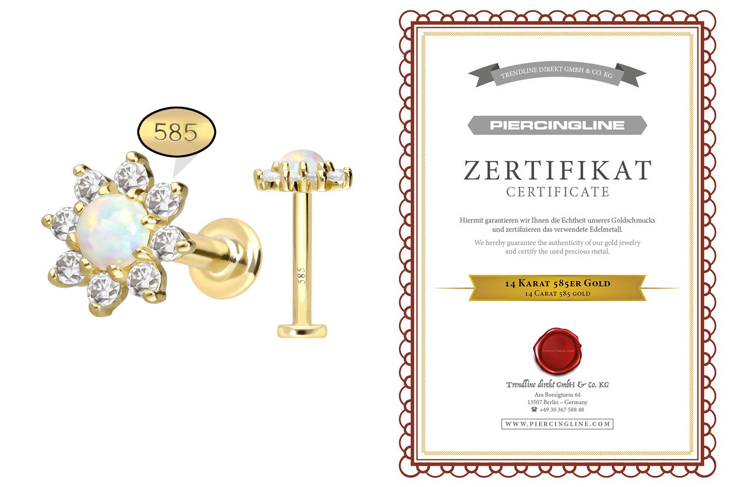 PIERCINGLINE Piercing-Set 14 Karat Gold Labret mit Push Fit MOISSANIT-BLUME + SYNTHETISCHER OPAL (Labrets, 1-tlg)