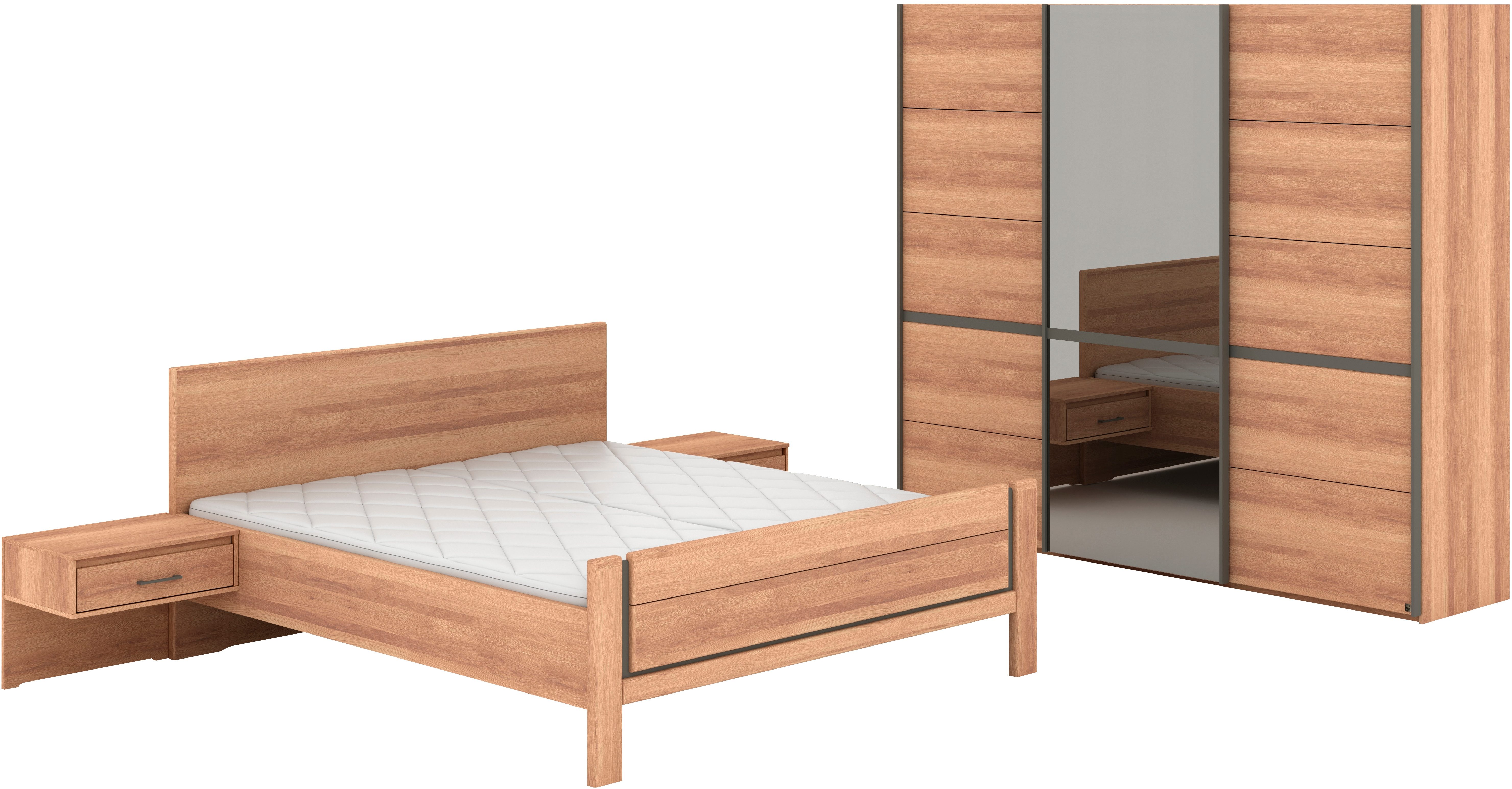 Musterring Schlafzimmer-Set Sorrent, Kleiderschrank, Bett & Nachtkommoden, teilmassiv Eiche, (2er-Set Nachtschränke, Schwebetürenschrank 250 cm, Bett 180x200 cm), mit Schwebetürenschrank, Bett mit Stollenfuß, Breite Schrank 250 cm