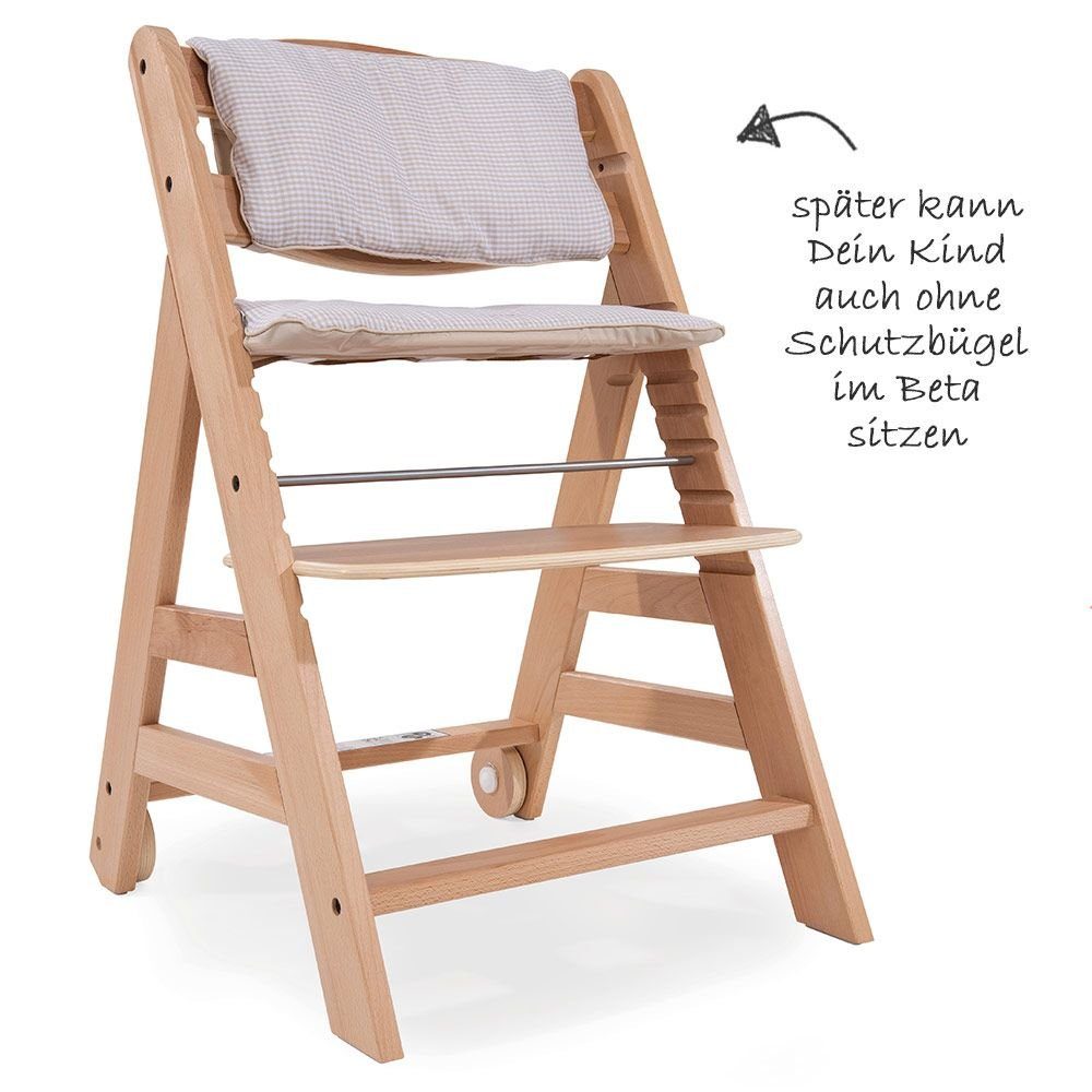 Hauck Hochstuhl Natur Check Essbrett, Rollen - Sitzauflage (3 & St), Holz mit Mitwachsender Kinderhochstuhl Plus Beta