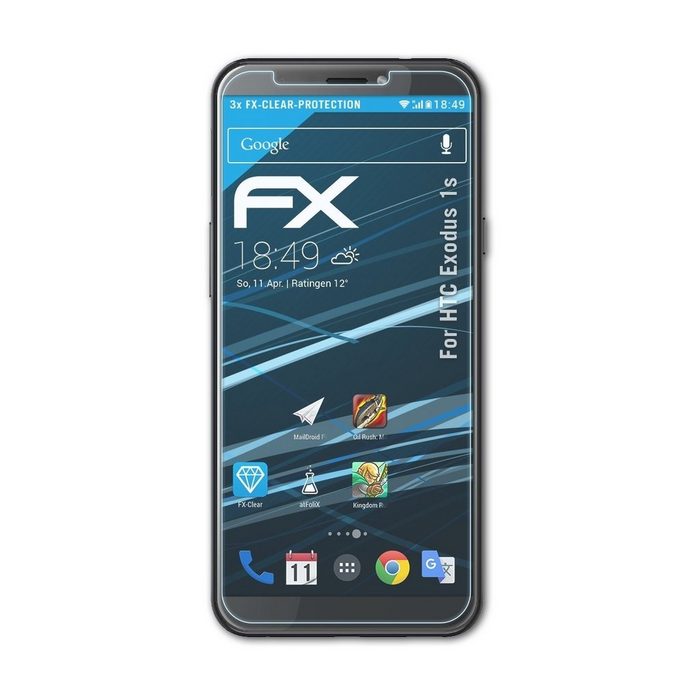 atFoliX Schutzfolie Displayschutz für HTC Exodus 1s (3 Folien) Ultraklar und hartbeschichtet