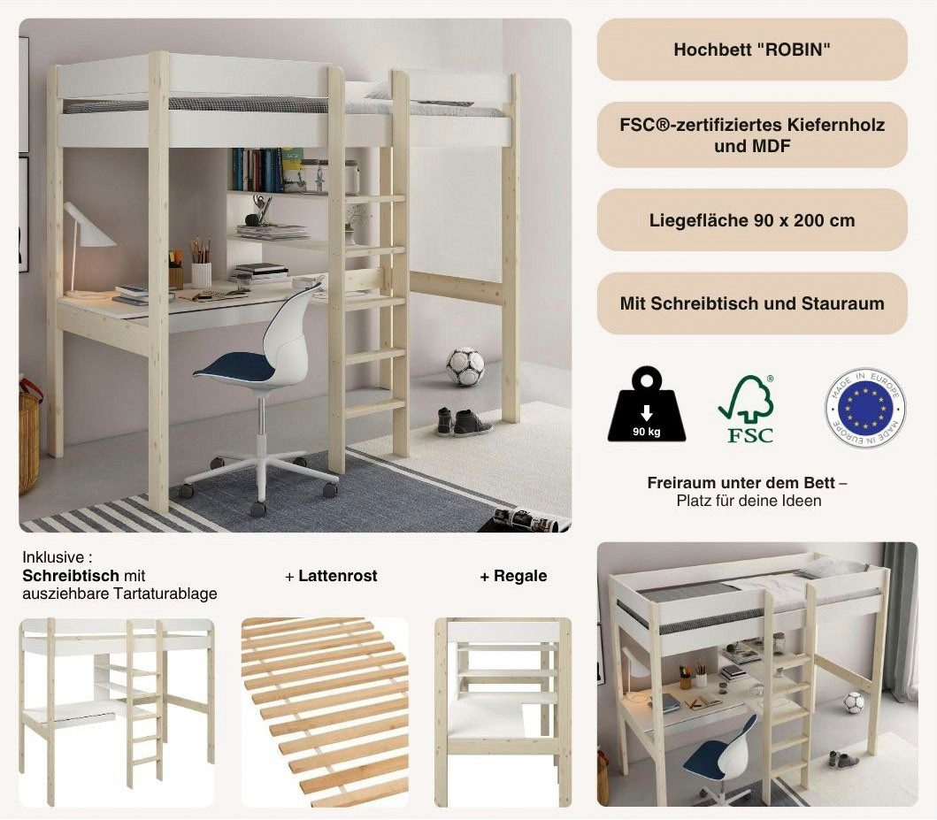 OTTO home Hochbett Stockbett, Kinderbett, "ROBIN " FSC® zertifiziertes Massivholz mit Schreibtisch und Regalen