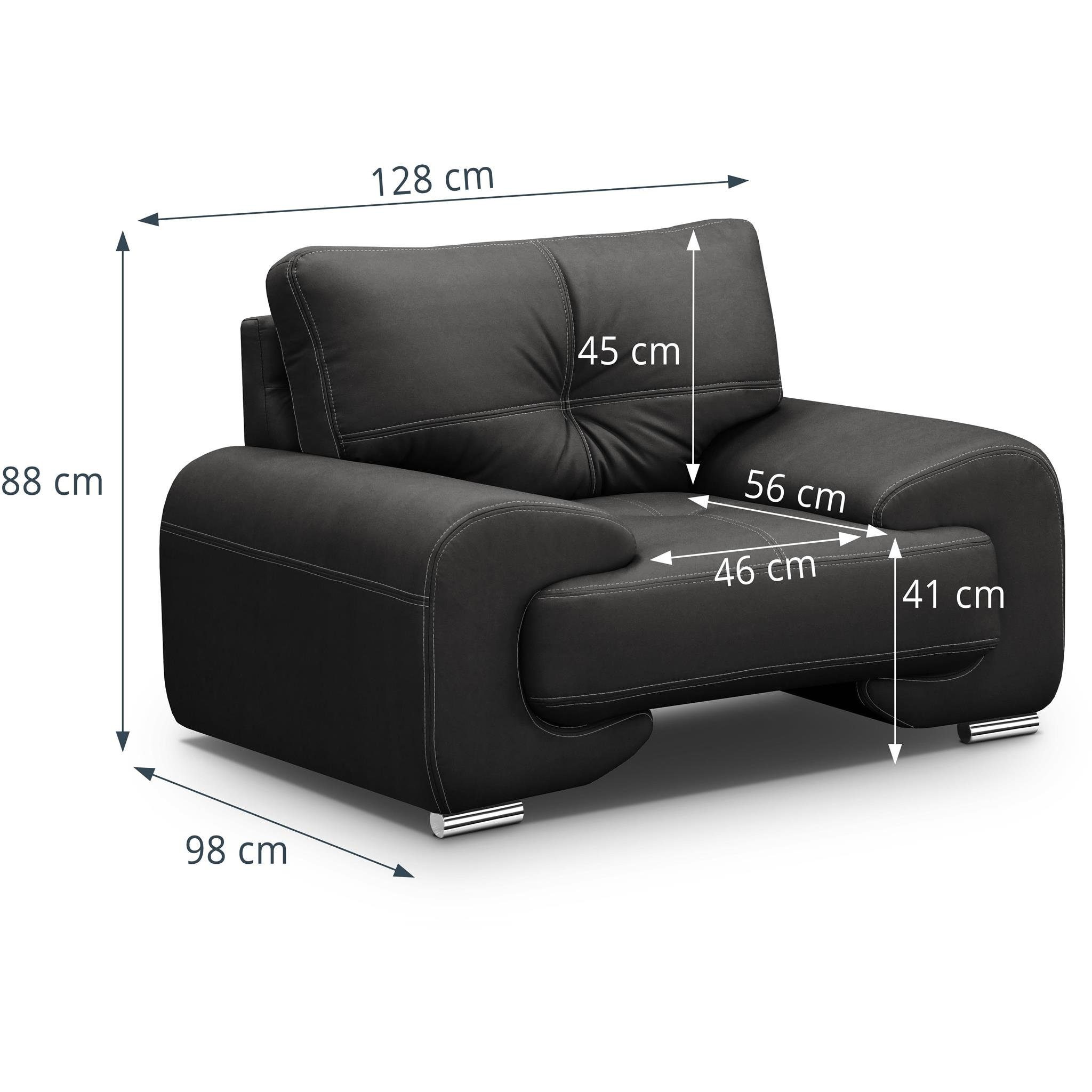 dekorativen im (Relaxsessel mit Nähten, 99) lux Kunstleder mit Schwarz (vega Beautysofa Maxime Wellenunterfederung, Sessel modernes Design),