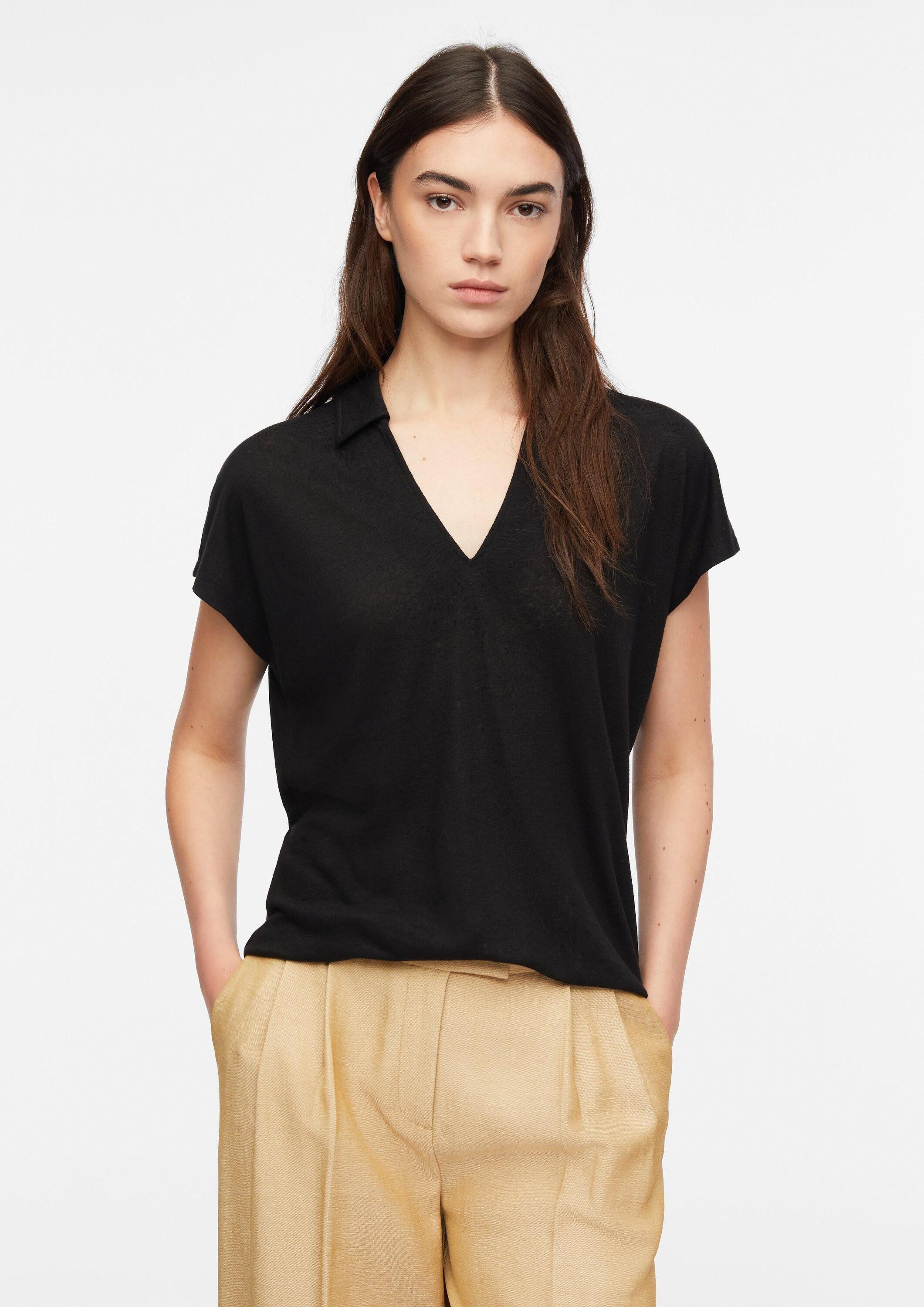 comma Kurzarmshirt T-Shirt Shirt aus Leinenmix mit Polokragen