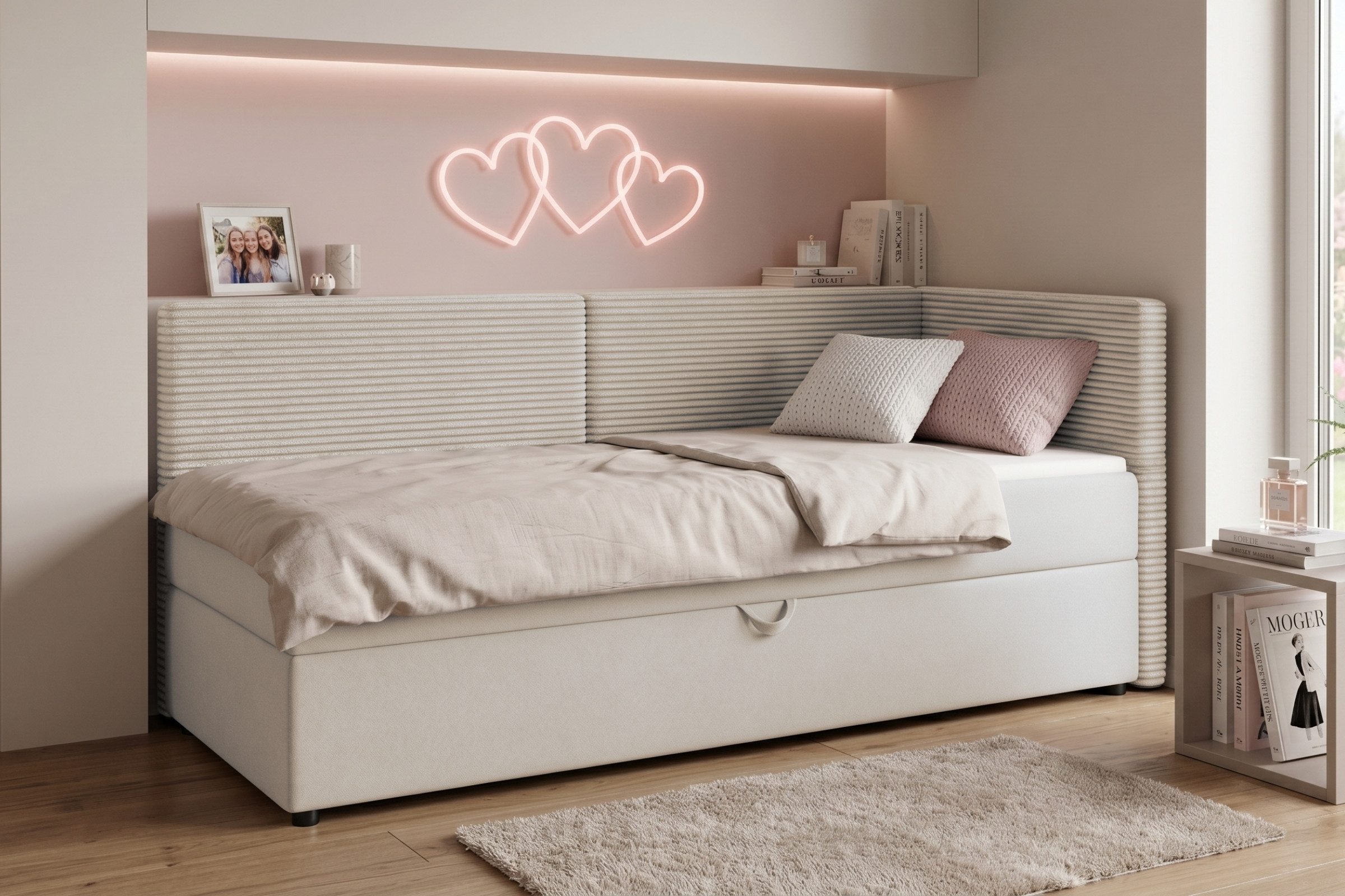 Deine Möbel 24 Boxspringbett MILA, Tagesbett mit Bettkasten, Kindersofa mit Schlaffunktion (Cord-Stoff & Velour Samt, 1-St., perfekt für Jugendliche & Erwachsene, Modernes 3-in-1 Design), 90x200 100x200, Schwarz Grau Beige Creme Anthrazit
