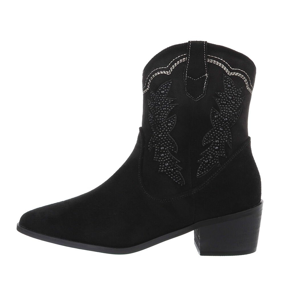 Ital-Design Damen Cowboyboots Western Westernstiefelette Blockabsatz Western- & Bikerboots in Schwarz