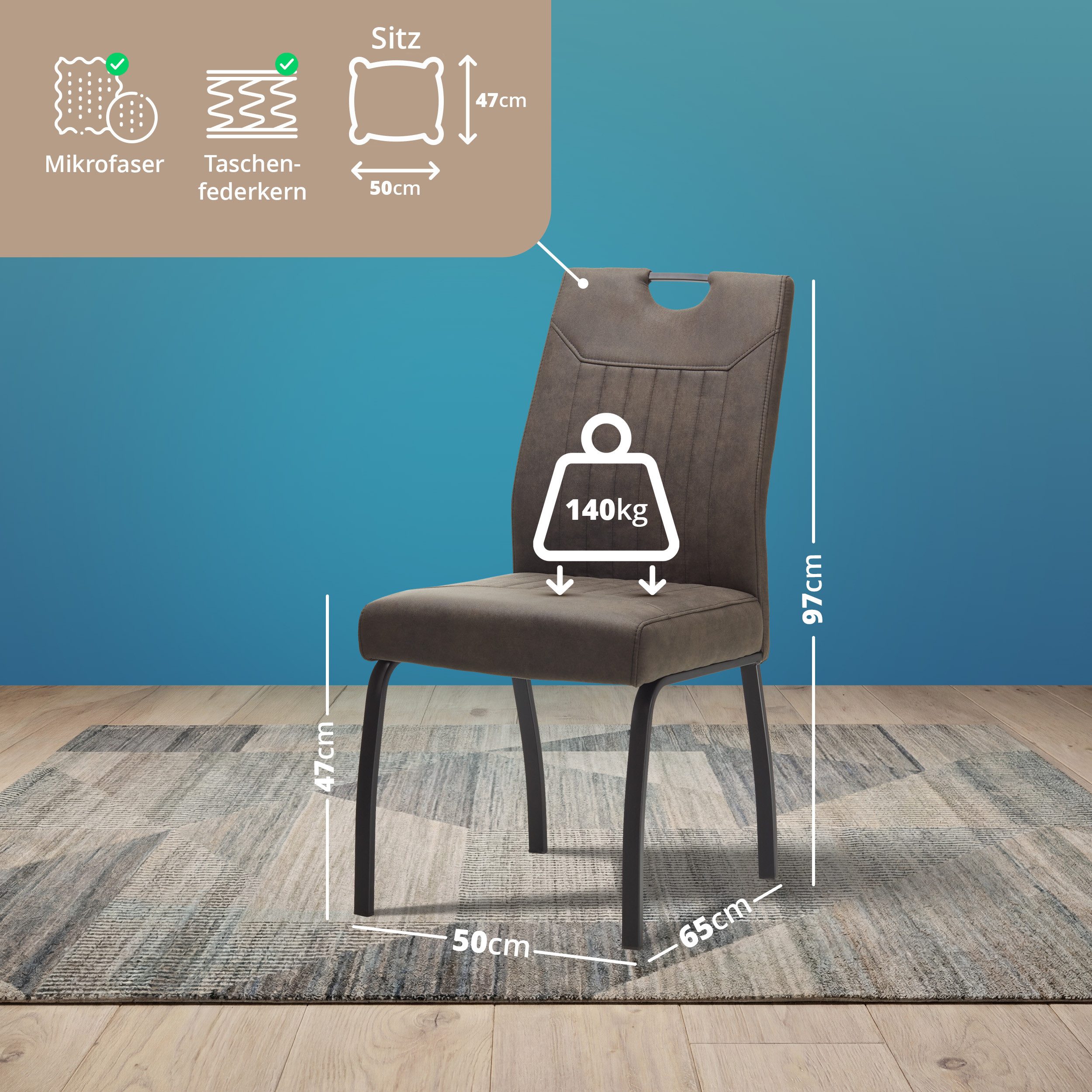 KHG Esszimmerstuhl Küchenstuhl Mikrofaser Braun-Schwarz, mit Taschenfederkern (Indoor-Stuhl DIN EN 12520 geprüft), 4-Fuß-Metallgestell Schwarz, bis 140 kg belas – Bild 2 von 5
