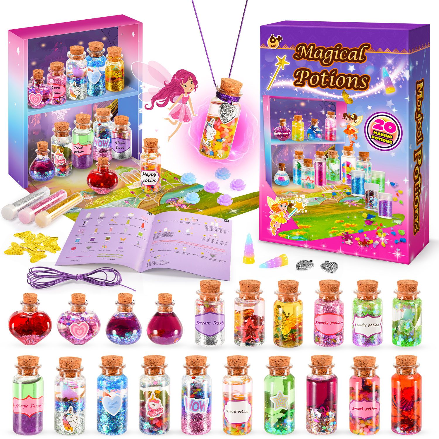 Wootoy Kreativset Feen-Zaubertrank Set Experimentierkasten Lernspielzeug Bastelset, (mit Zauberstab Kristallen Schmetterlingen und weiteren Accessoires, 1-tlg., 20 Feentrank-Fläschchen mit 7 Rezeptideen und Gestaltungsmöglichkeiten), für Partys Bastelprojekte und kreative Geschenkideen