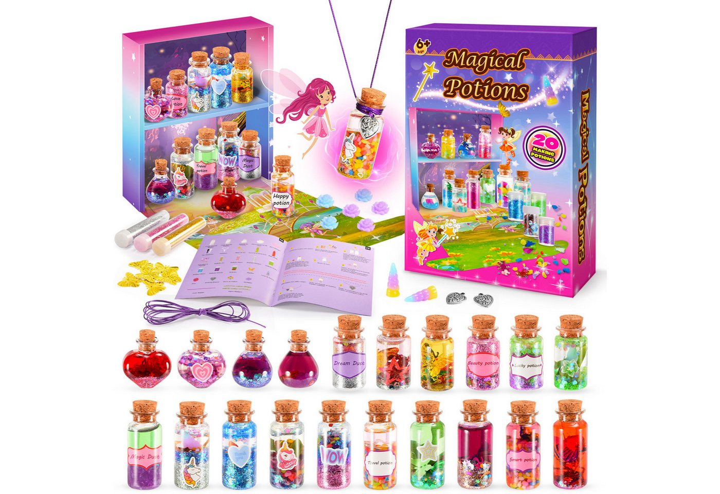 Wootoy Kreativset Feen-Zaubertrank Set Experimentierkasten Lernspielzeug Bastelset, (mit Zauberstab Kristallen Schmetterlingen und weiteren Accessoires, 1-tlg., 20 Feentrank-Fläschchen mit 7 Rezeptideen und Gestaltungsmöglichkeiten), für Partys Bastelproj