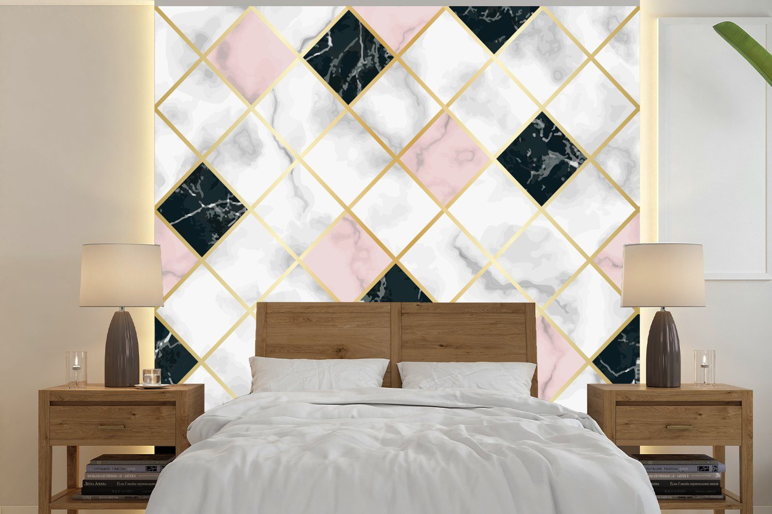 MuchoWow Fototapete Marmor - Geometrische Formen - Muster - Luxus, Matt, bedruckt, (4 St), Vliestapete für Wohnzimmer Schlafzimmer Küche, Fototapete