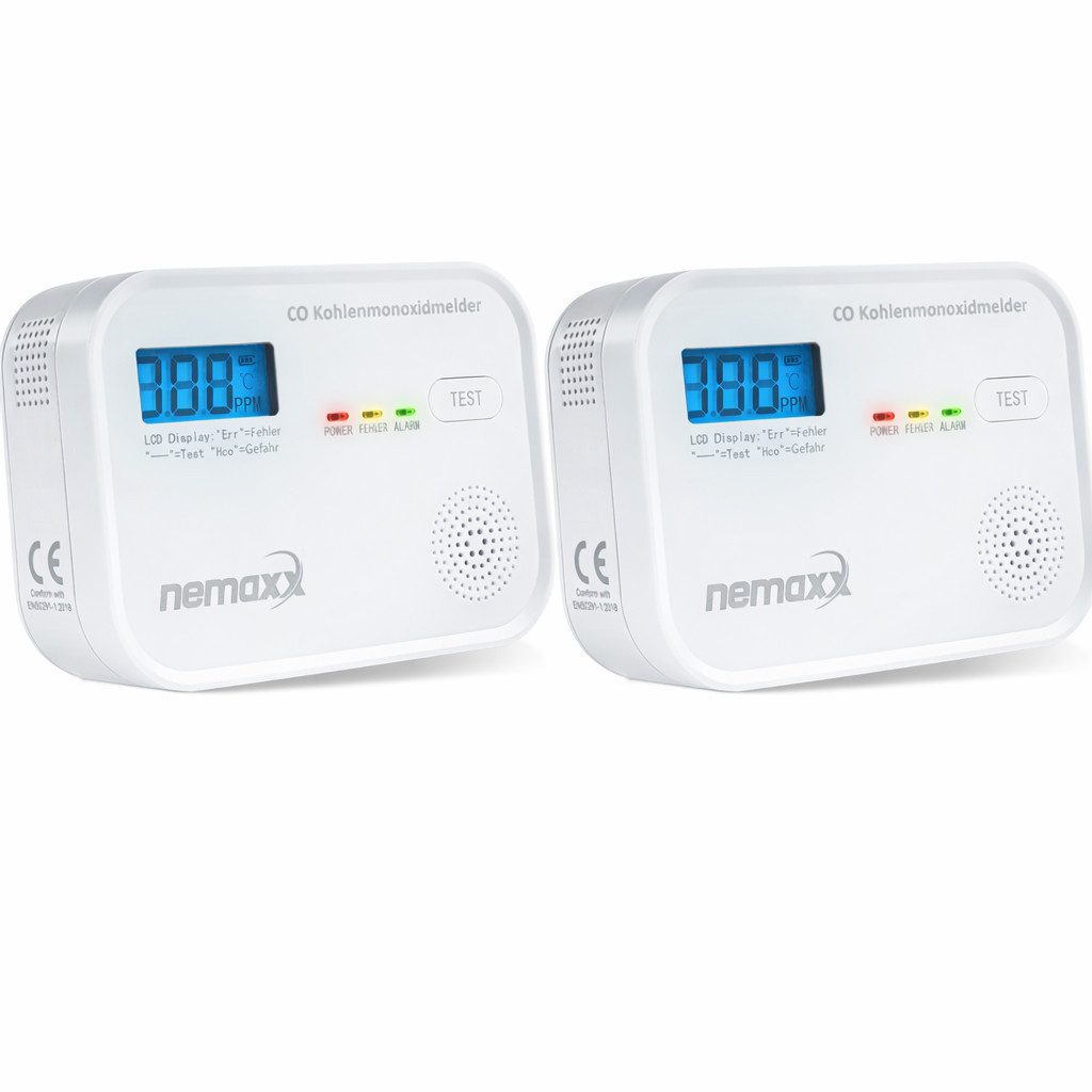 NEMAXX CM18 Kohlenmonoxid-Melder LCD 85 dB Alarm EN 50291-1:2018 Testtaste 2x CO-Melder (Elektrochemischer Sensor/3x AA LR6-Batterien/10 Jahre Lebensdauer)
