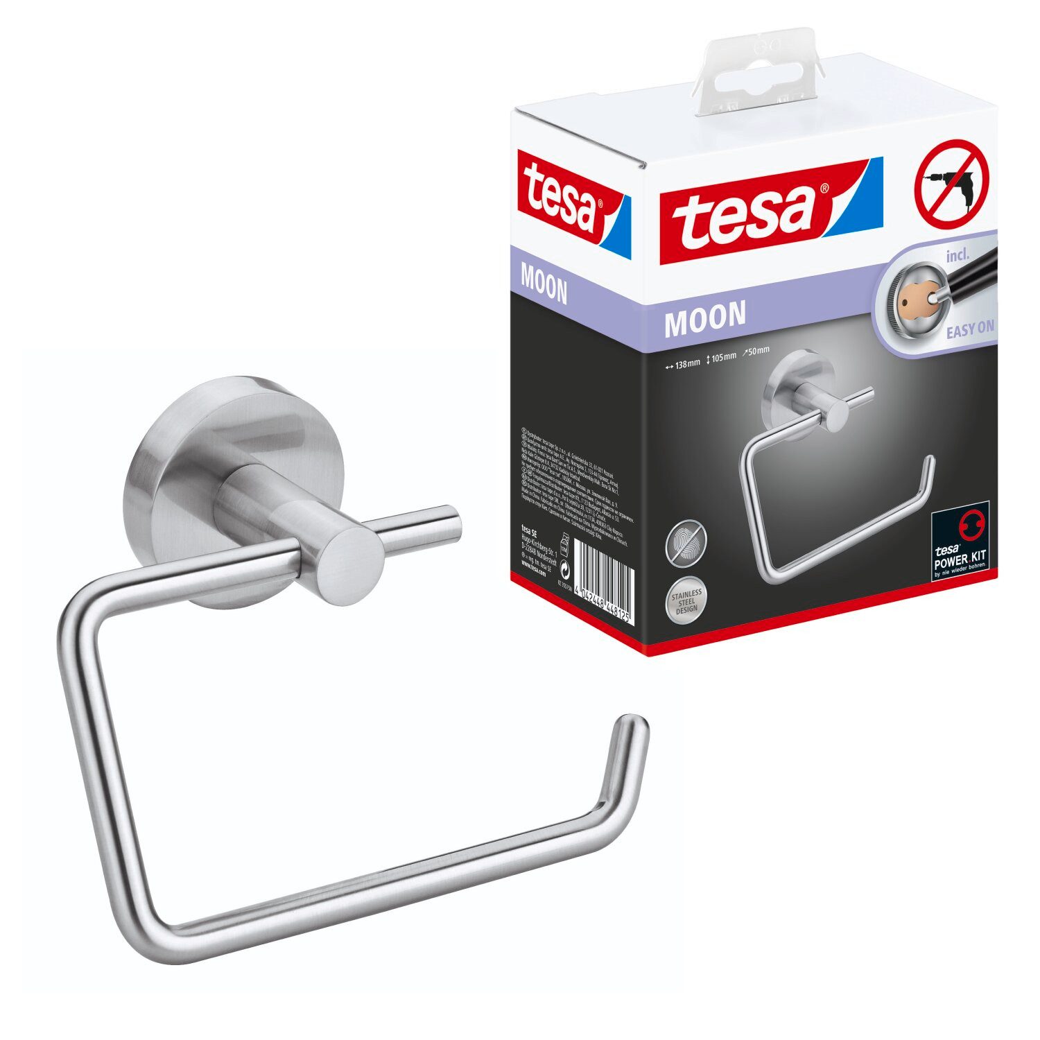 tesa Держатели для туалетной бумаги Держатели для туалетной бумаги ohne Bohren MOON Klopapierhalter WC Papierhalter (Packung, 1-St., inkl. Klebelösung), selbstklebende WC-Rollenhalter - Edelstahl - silber matt