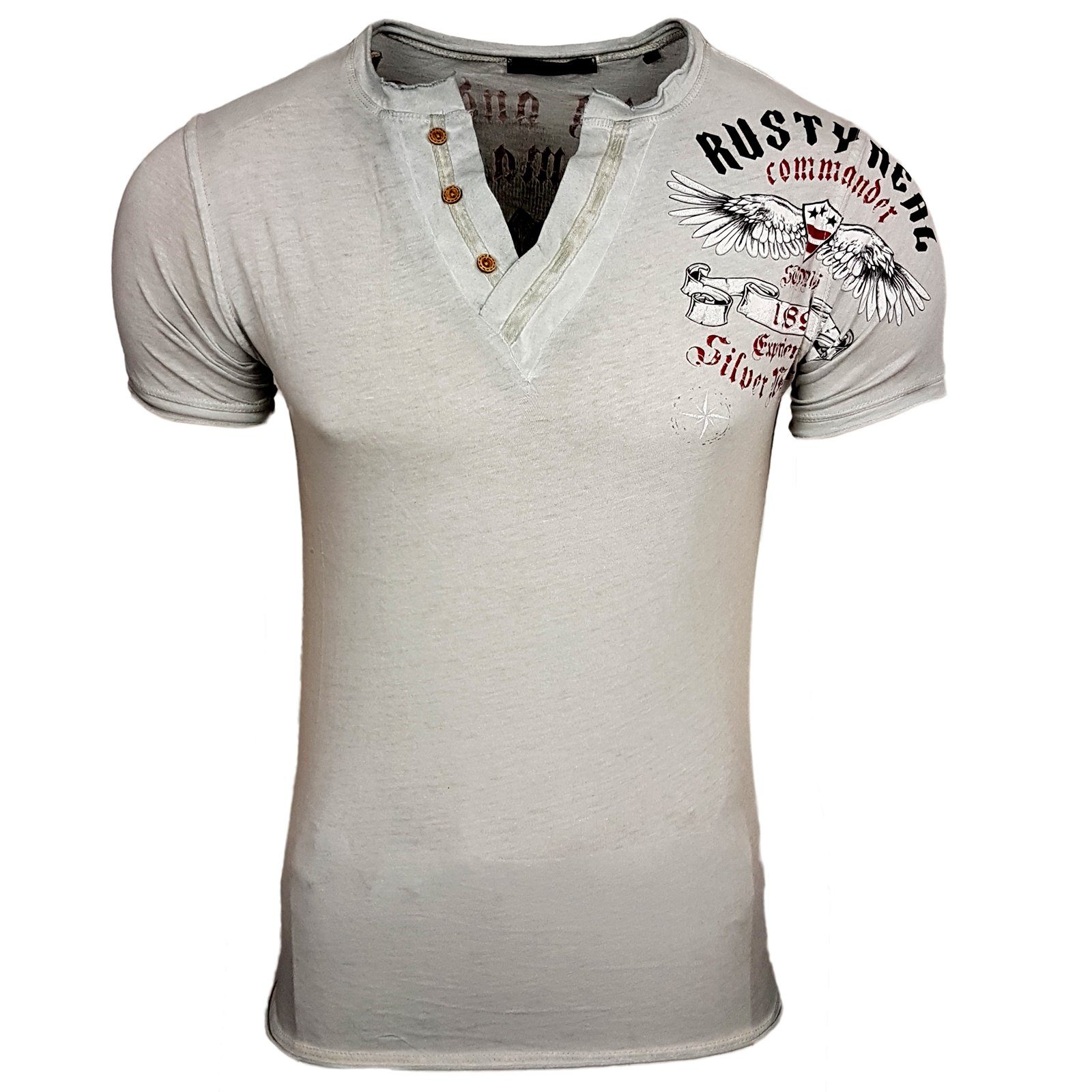 Rusty Neal T-Shirt mit modischer Knopfleiste, Auffälliger Print am Rücken  als absolutes Highlight