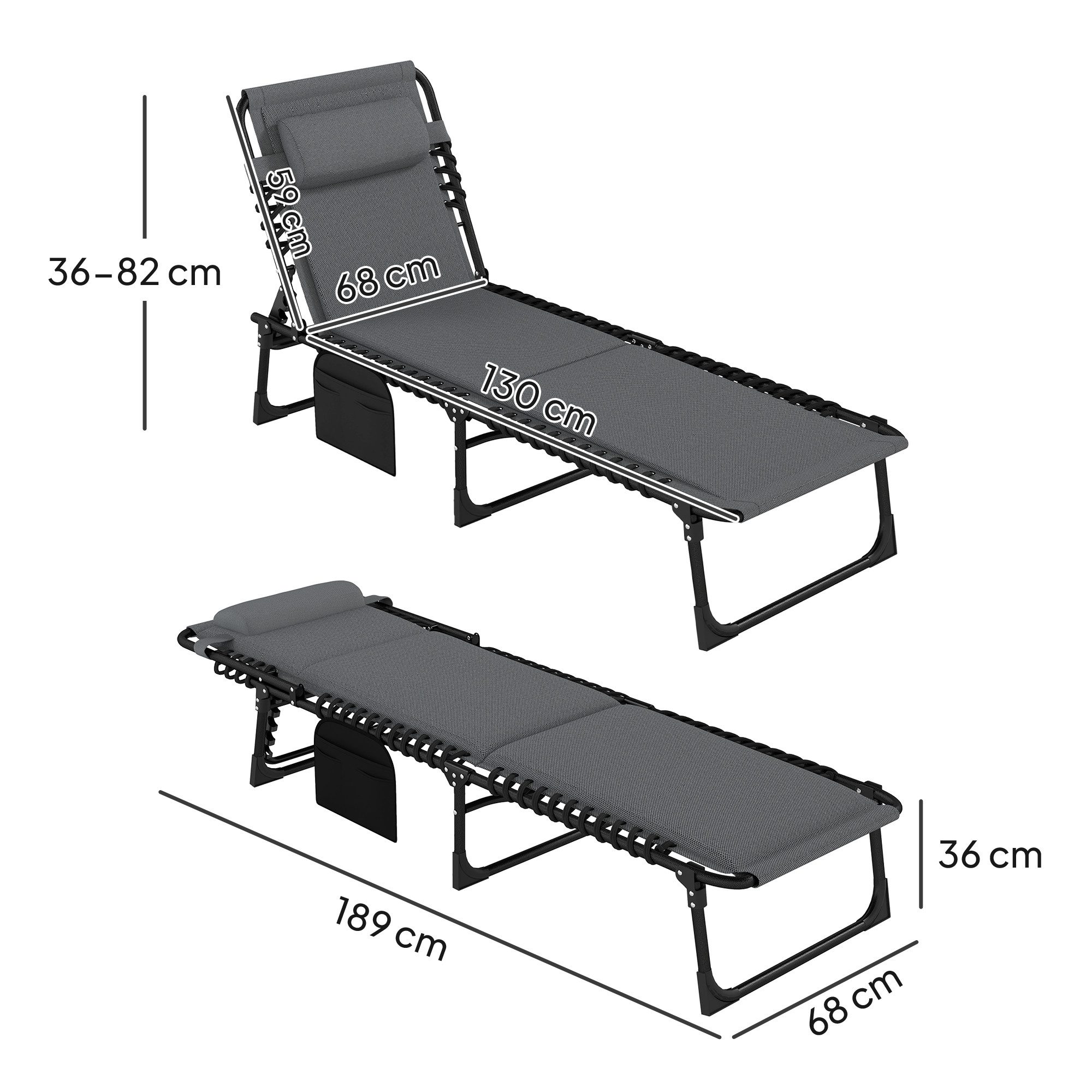 Outsunny Gartenliege Liegestuhl mit Kopfkissen, 5-fach verstellbar, Campingliege, Sonnenliege klappbar, 1 St., wetterfeste Liegestuhl, bis 120 kg belastbar, für Garten Strand Pool, Dunkelgrau