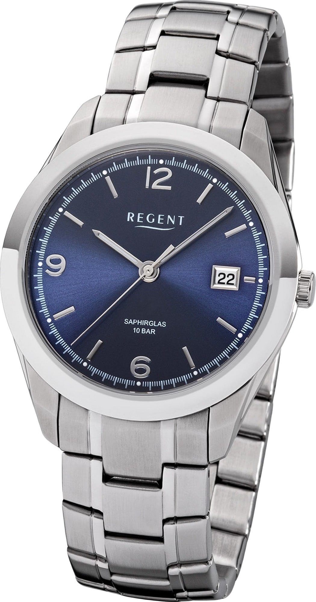 Regent Quarzuhr Regent Metall Herren 40mm) Herrenuhr Metallarmband silber, (ca. Gehäuse, Analog, F-1193 rundes Uhr groß