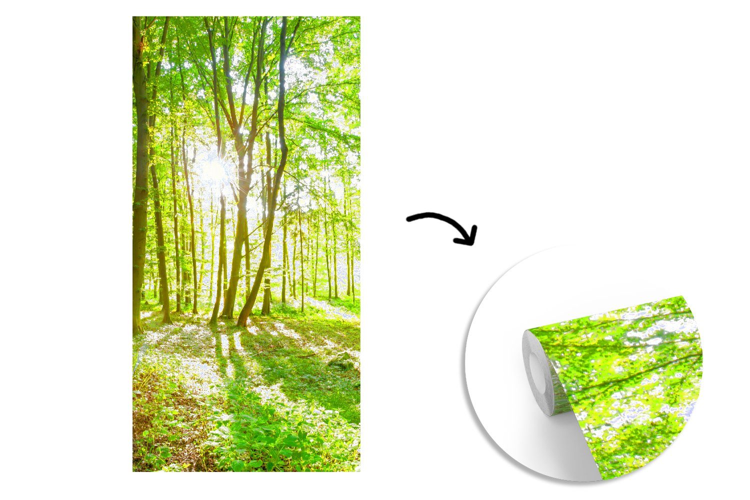 Fototapete (2 Fototapete MuchoWow Wald Grün - - Sonnenlicht, - Vliestapete Wohnzimmer Matt, Natur Schlafzimmer St), bedruckt, für - Küche, Bäume